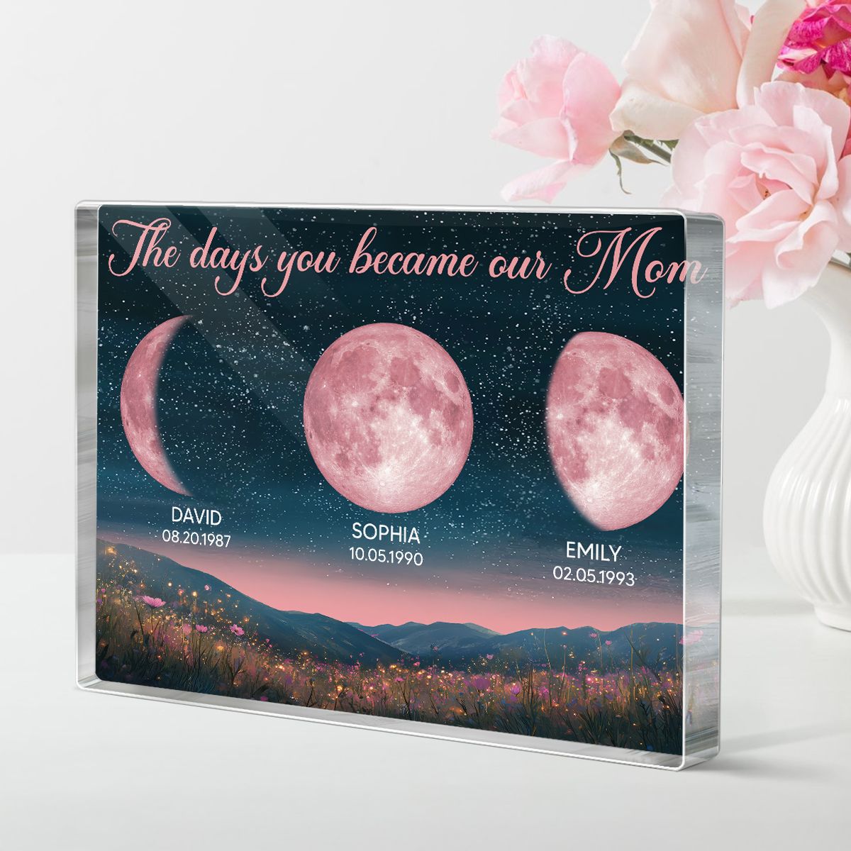 Pink Moon Phase Custom Birth Moon Beautiful Hill At Night Personalized Acrylic Block Plaque, Gift For Mom