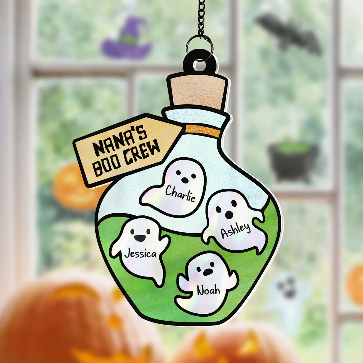 Grandma Little Poison Boo Crew Personalized Suncatcher, Halloween Stained Glass Decor