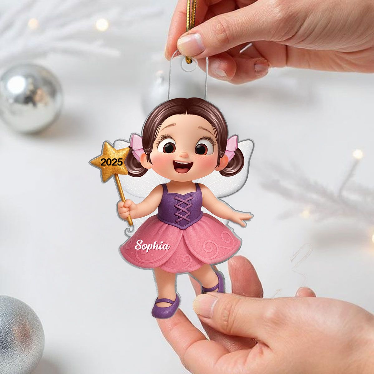 3D Effect Cute Cartoon Fairy Kid Christmas Personalized Acrylic Ornament, Beautiful Gift For Grandkids