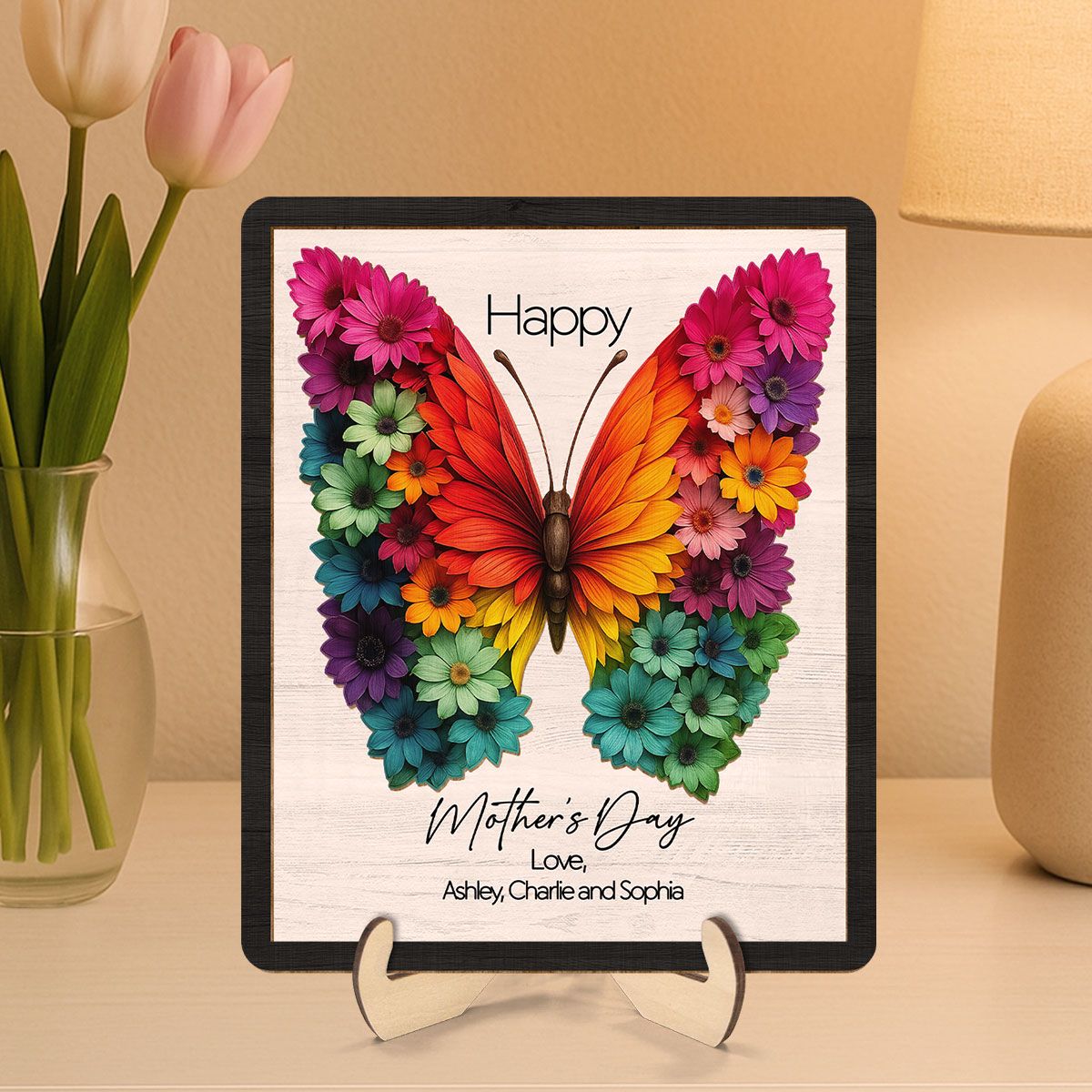 Mother's Day Butterfly Flowery Wings 2D Flat, Personalized 2-Layered Wooden Plaque, Mother's Day Gift for Mom, 3D Effect
