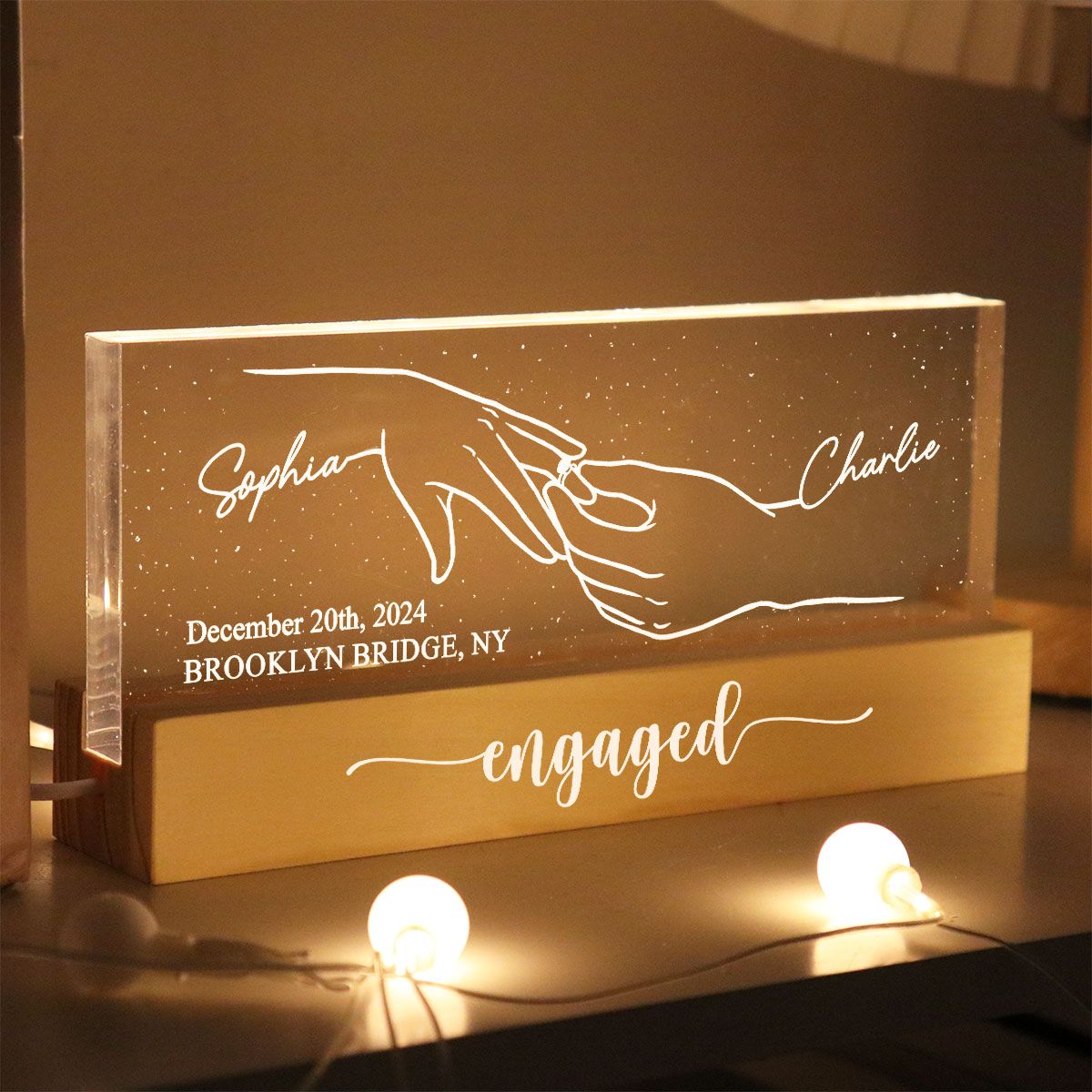 Engagement Keepsake Couple Hands Outline Personalized Block LED Plaque