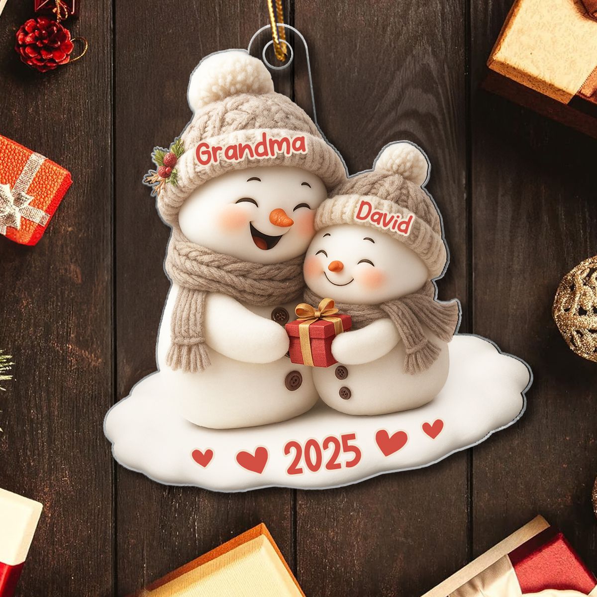 Snowman Grandma Hugging Grandkid Personalized Acrylic Ornament
