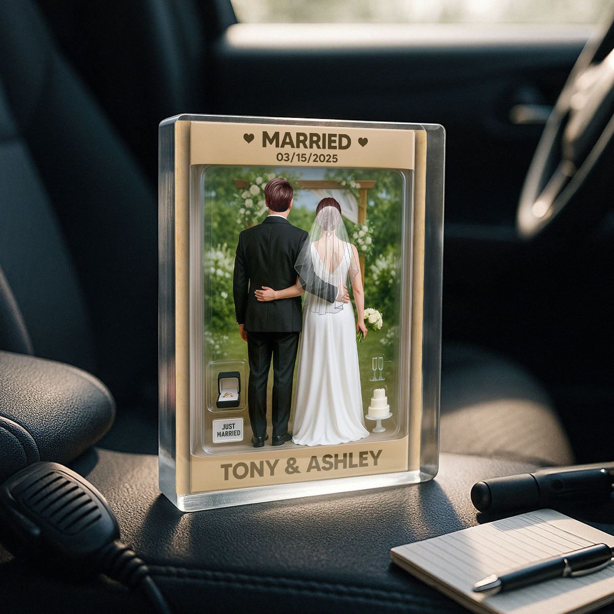 Bride & Groom Couple Toy Box Figures Style Garden Wedding Theme Personalized Acrylic Block Plaque, Wedding Gift, Newlyweds Gift