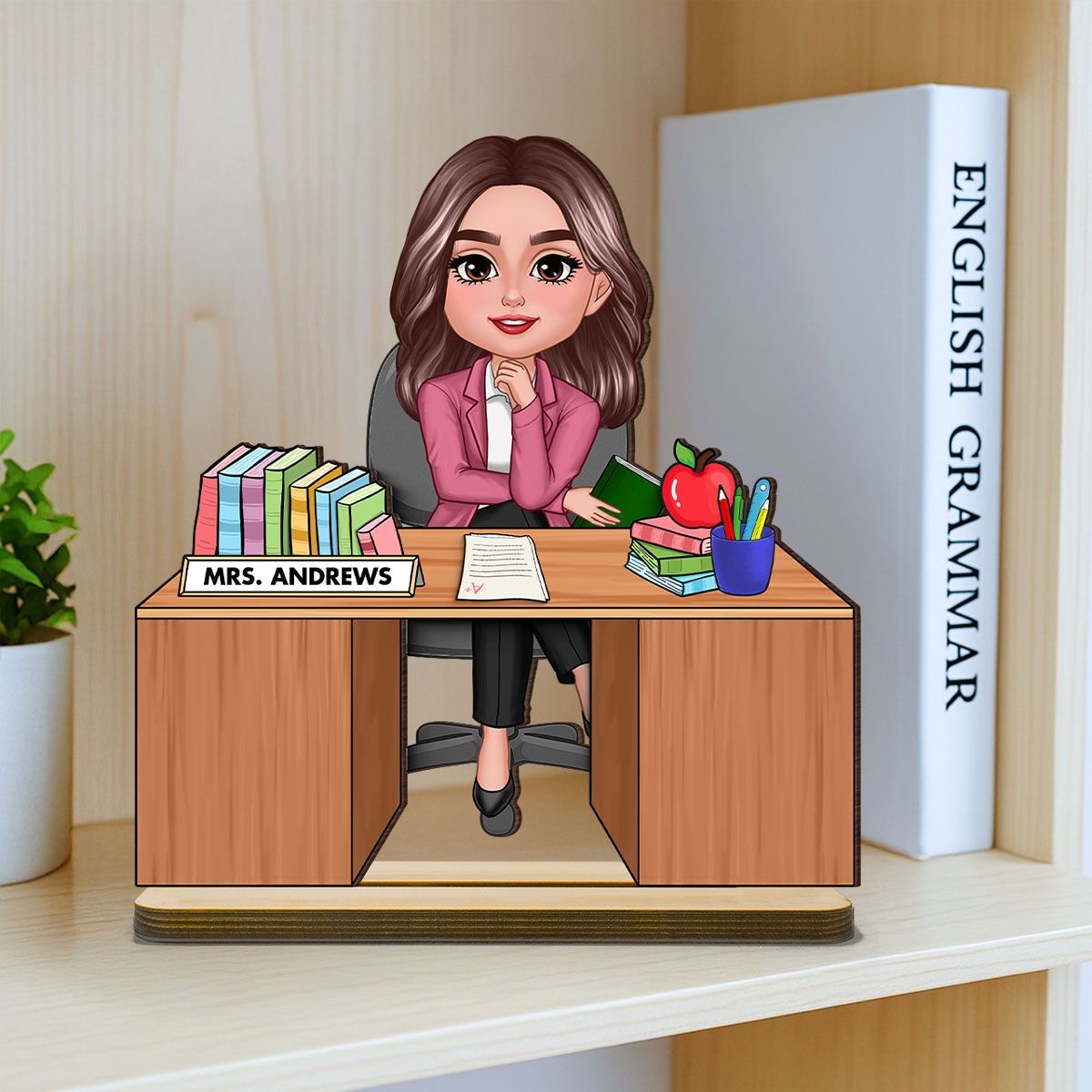 Teacher Sitting At Desk Personalized 2-Layer Standing Wooden Plaque, Back To School Gift