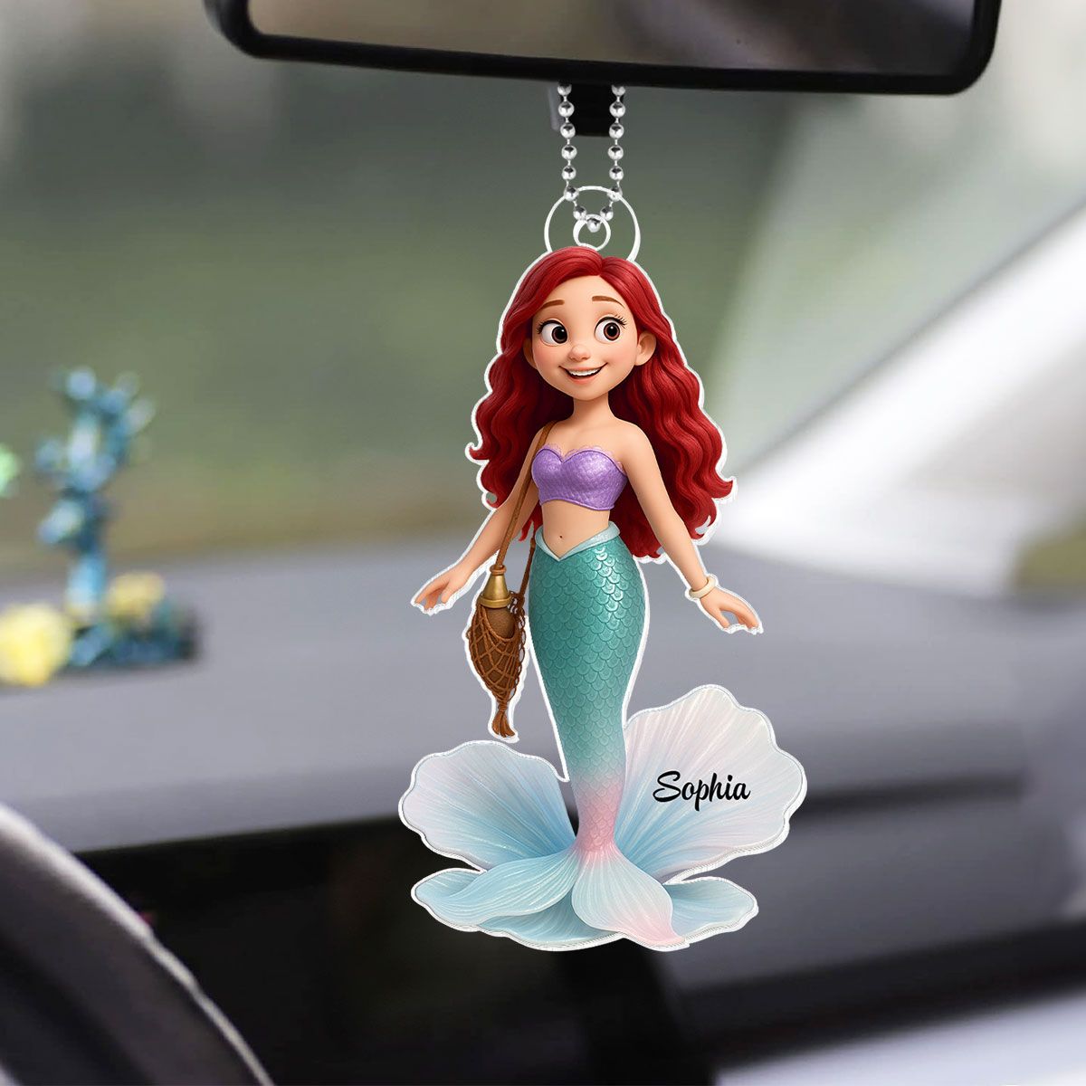 Pretty Cartoon Mermaid Personalized Acrylic Car Hanger, Gift for her, Gift for Besties