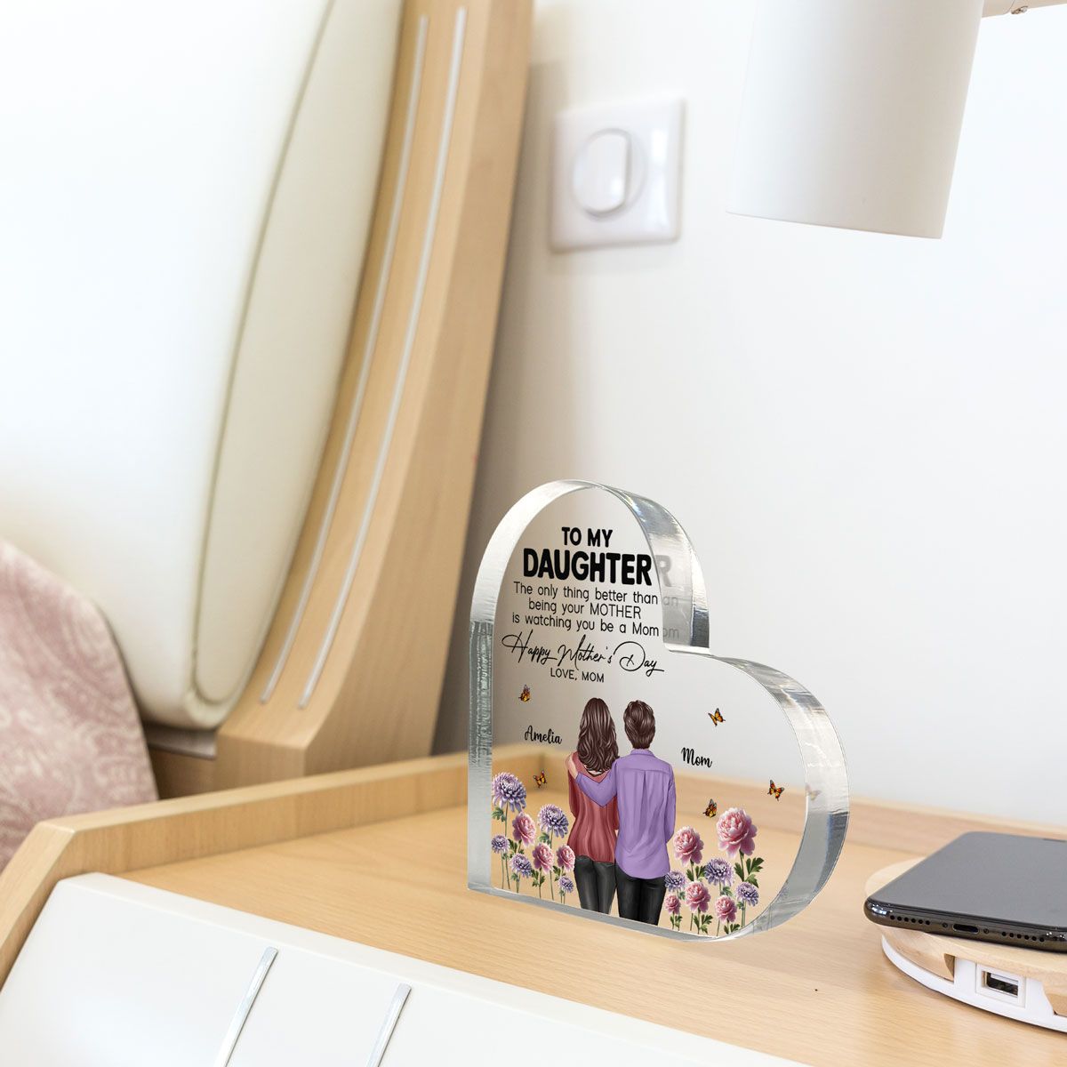 To My Daughter From Mom Happy Mother's Day Birth Flower Personalized Heart Acrylic Block Plaque