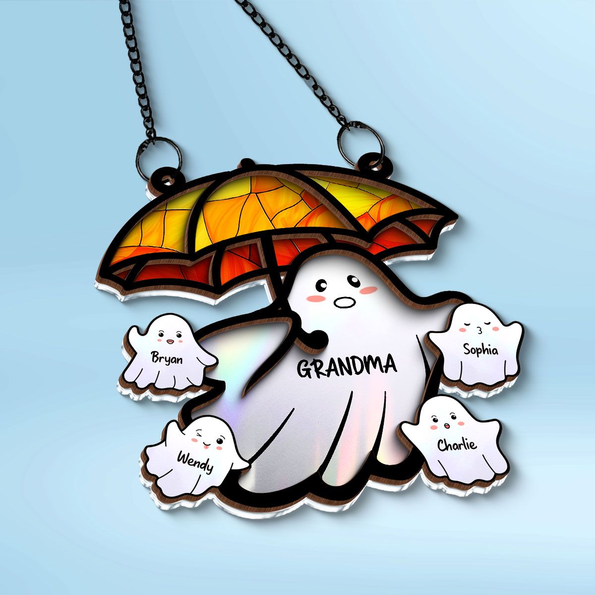 Grandma Funny Ghost with Umbrella Personalized Suncatcher, Halloween Stained Glass Decor