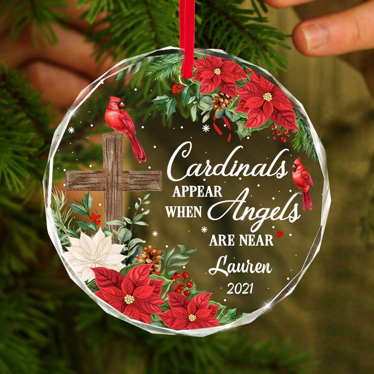 Always With You Cardinal Cross Poinsettia Personalized Glass Ornament, Christmas Gift