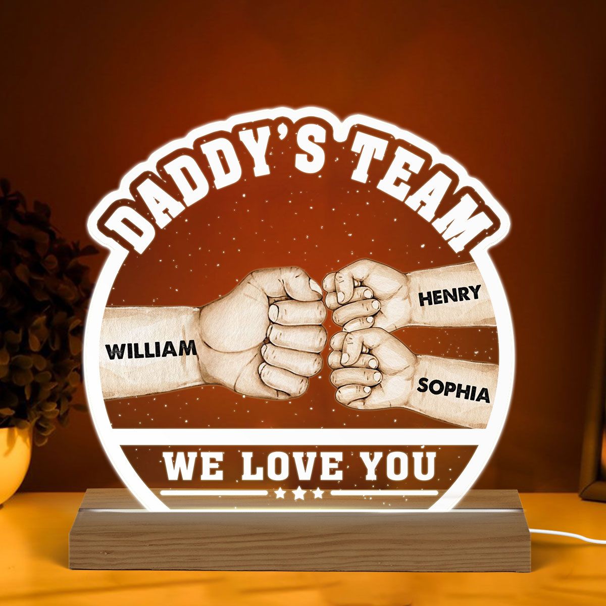 Daddy‘s Team Fist Bump Personalized Custom Shape Acrylic Warm LED Night Light