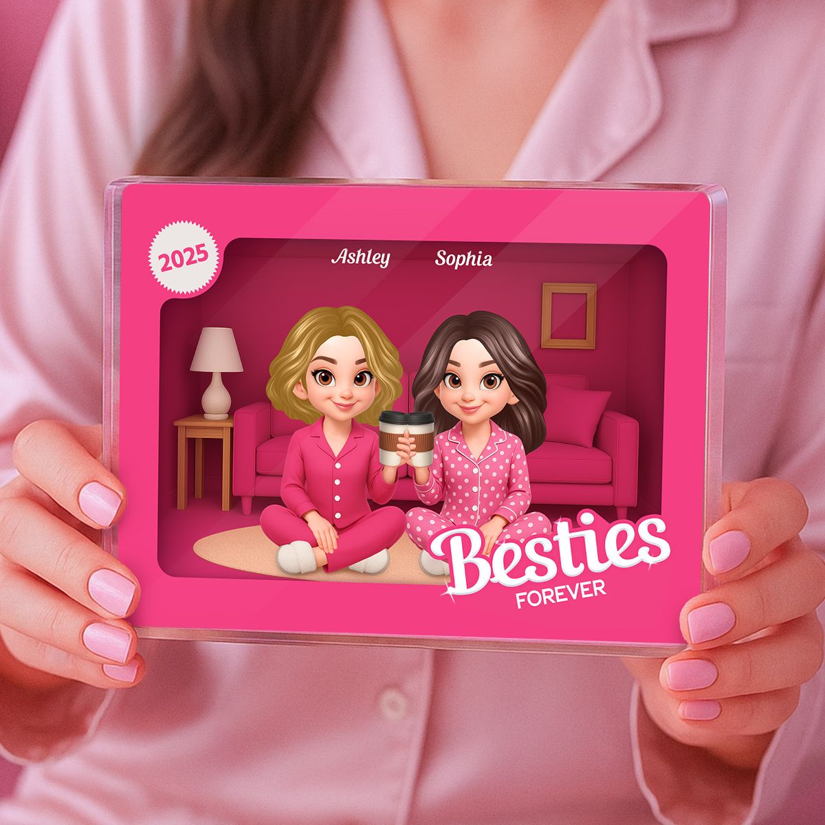 Pink Pajamas Besties In House Toy Box 3D Effect Personlized Acrylic Block