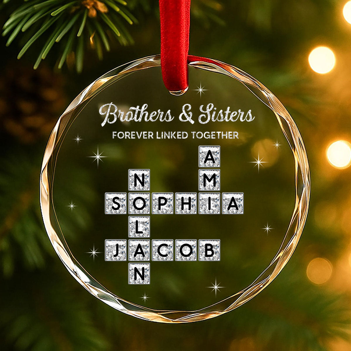 3D Shining Effect Brothers Sisters Crossword Puzzle Art - Personalized Glass Ornament - Christmas Gift For Siblings, Brothers, Sisters