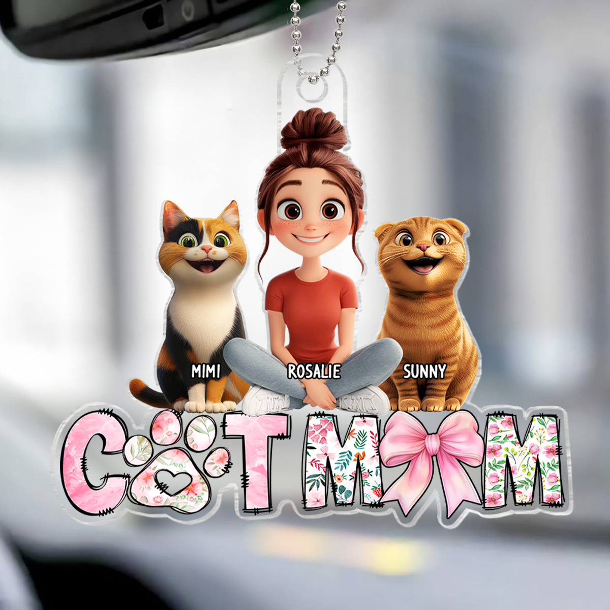 Cartoon Cat Mom Sitting Personalized Acrylic Car Hanger, Gift for Cat Moms