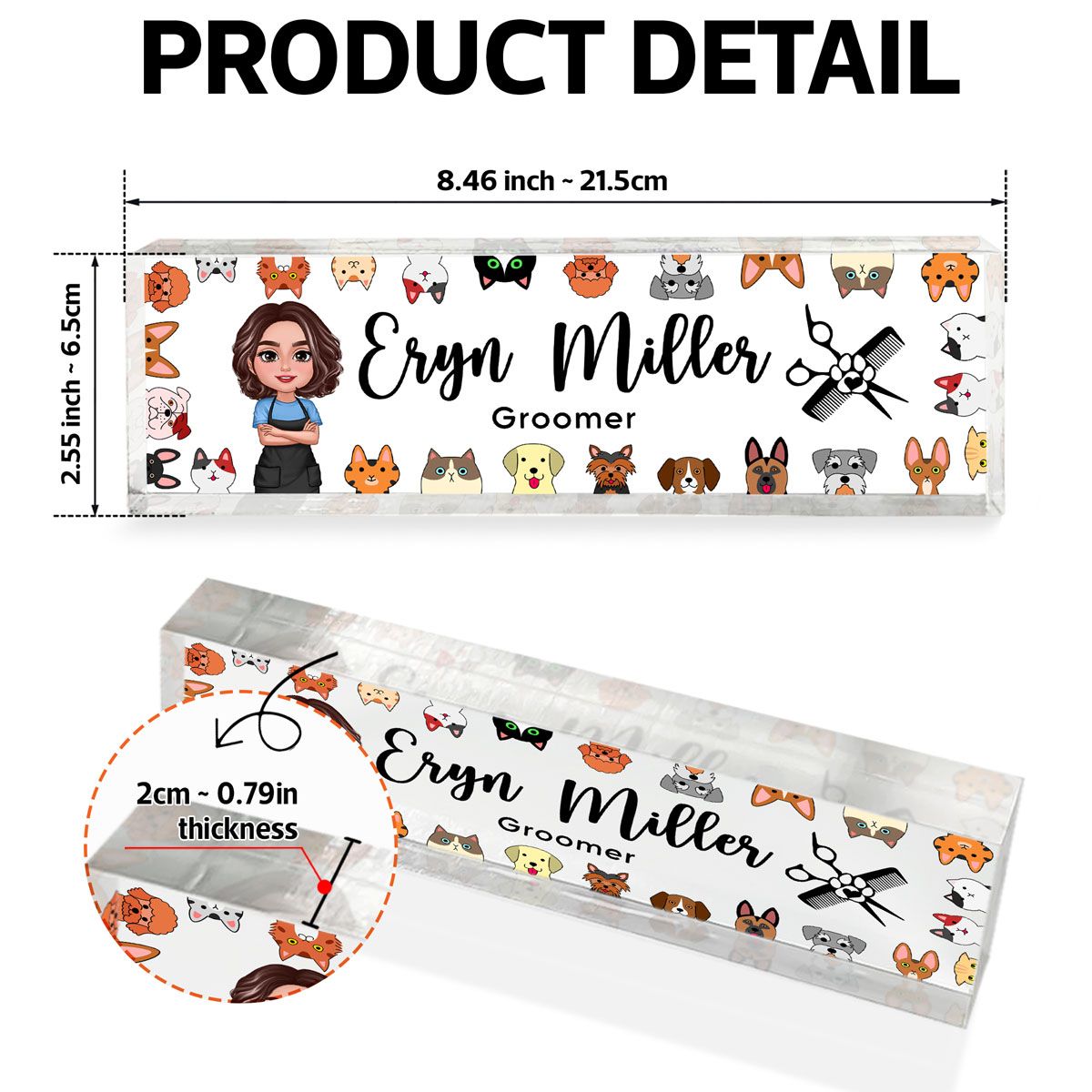 Dog Cat Groomer Personalized Acrylic Desk Name Plate, Office Decor