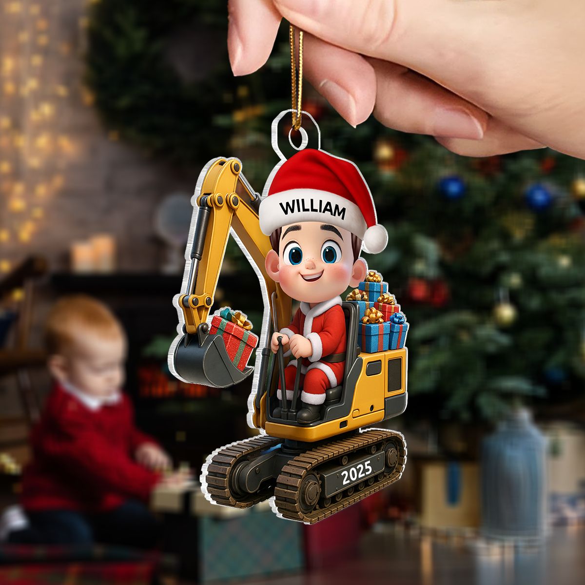 3D Effect Cute Cartoon Kid With Christmas Excavator Personalized Acrylic Ornament, Christmas Gift For Grandkids, Kids