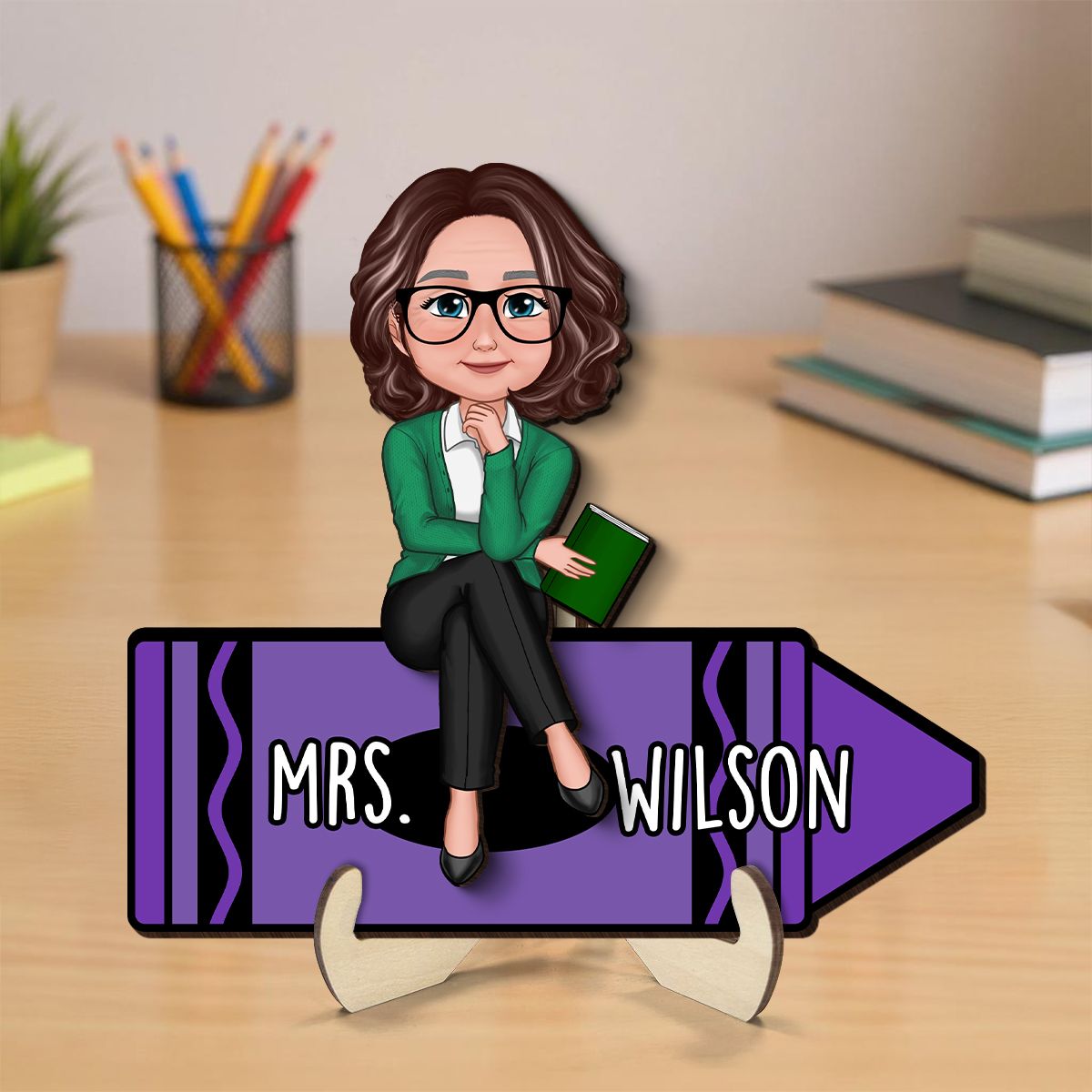 Doll Teacher Sitting On Crayon Personalized 2-Layer Wooden Plaque