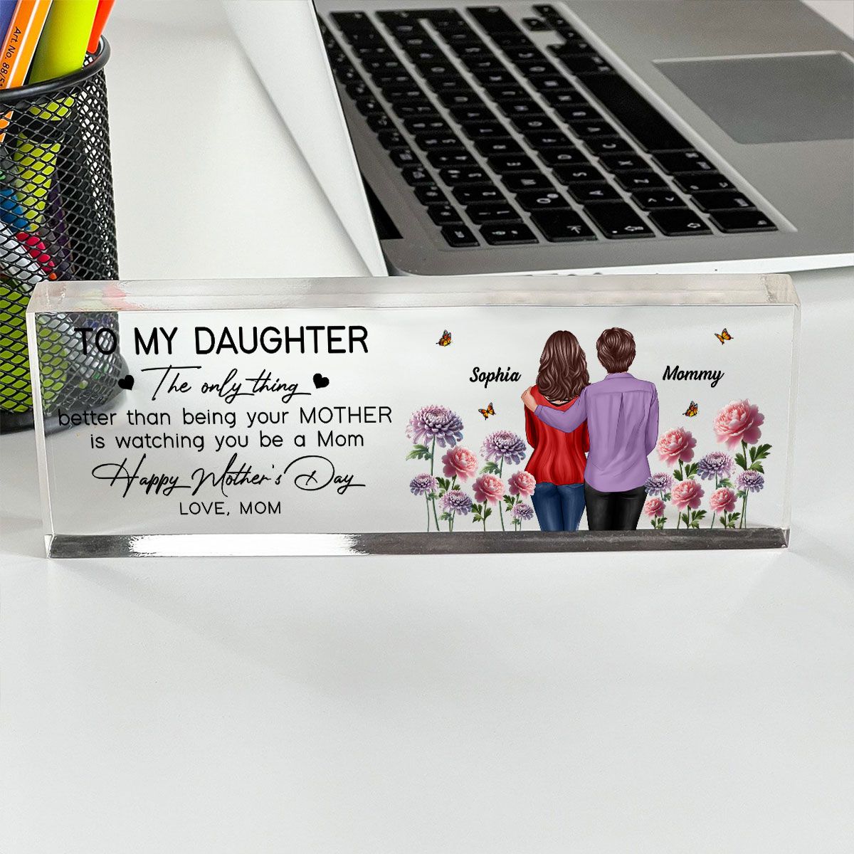 To My Daughter From Mom Happy Mother's Day Birth Flower Personalized Desk Block, Mother's Day Gift For Daughter