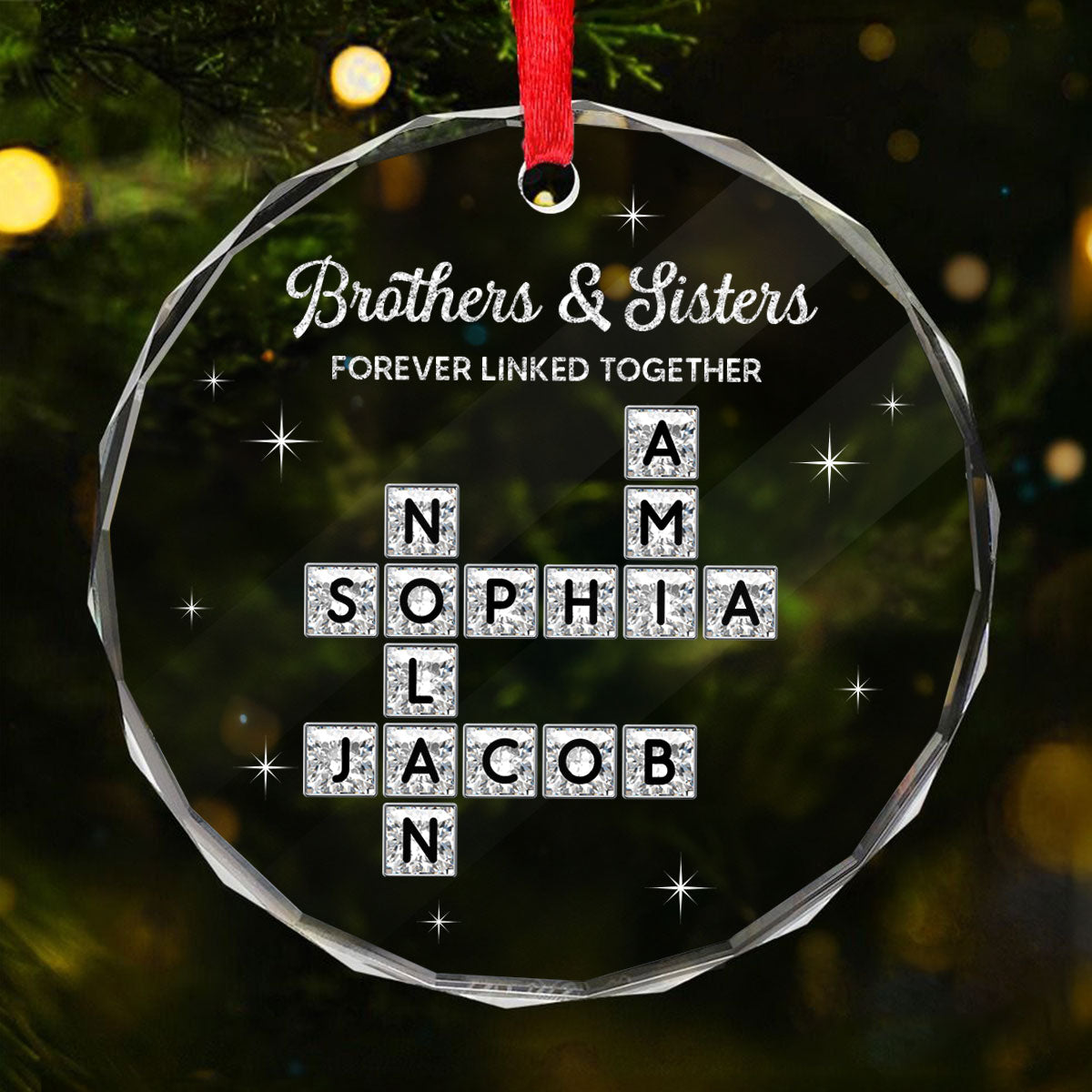3D Shining Effect Brothers Sisters Crossword Puzzle Art - Personalized Glass Ornament - Christmas Gift For Siblings, Brothers, Sisters