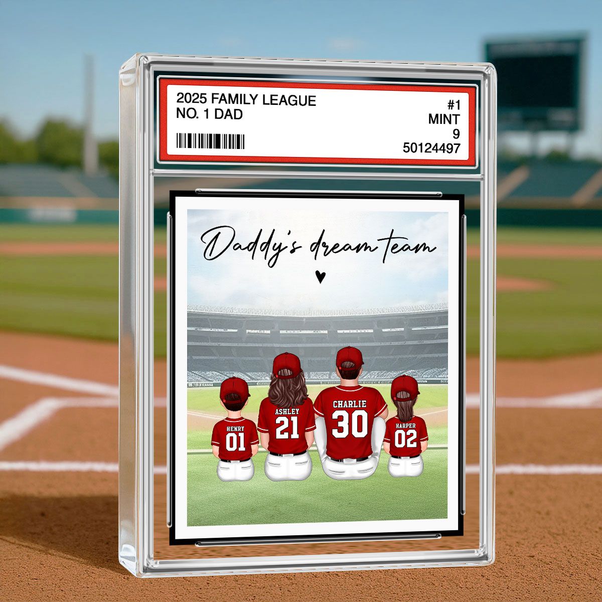 Baseball No. 1 Dad Man & Kids Sitting Trading Card Style Personalized Acrylic Block Plaque