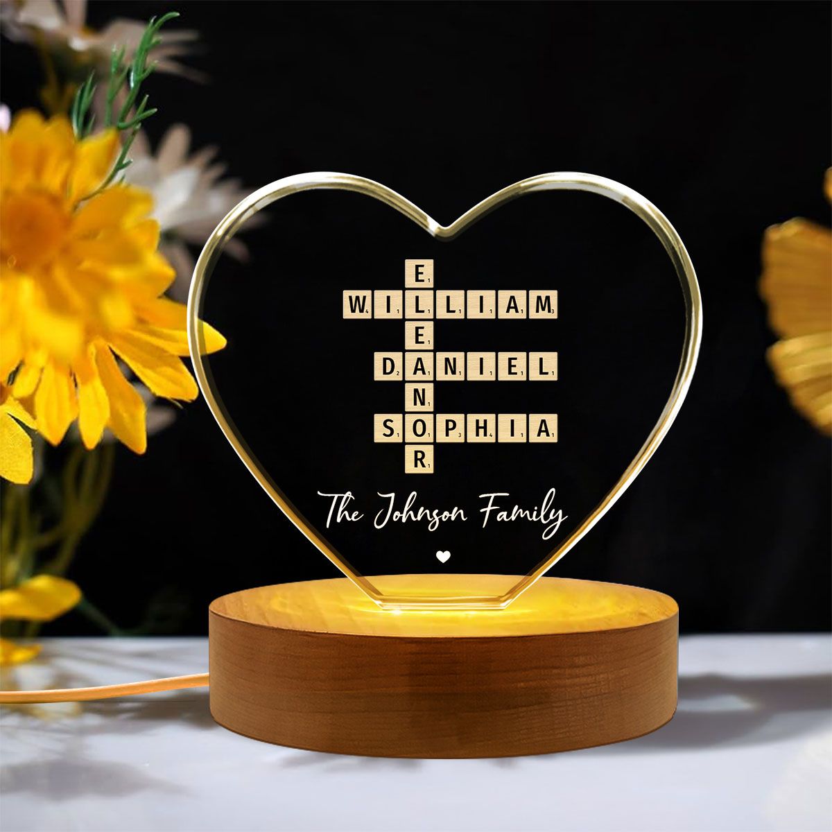 Family Names Crossword Art - Created In A Moment, Treasured Forever Personalized Heart Crystal LED