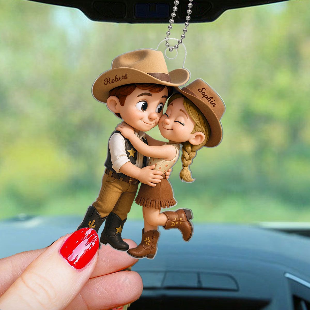 Cartoon Style Countryside Couple Cowboy Cowgirl Car Accessories Personalized Car Hanger Ornament