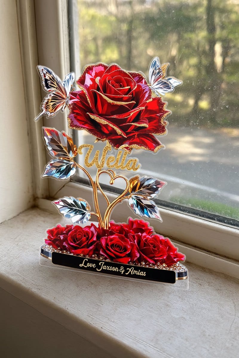 Beautiful Rose For Grandma Mom With Kids Names 3D Effect Personalized Flat Acrylic Block Plaque