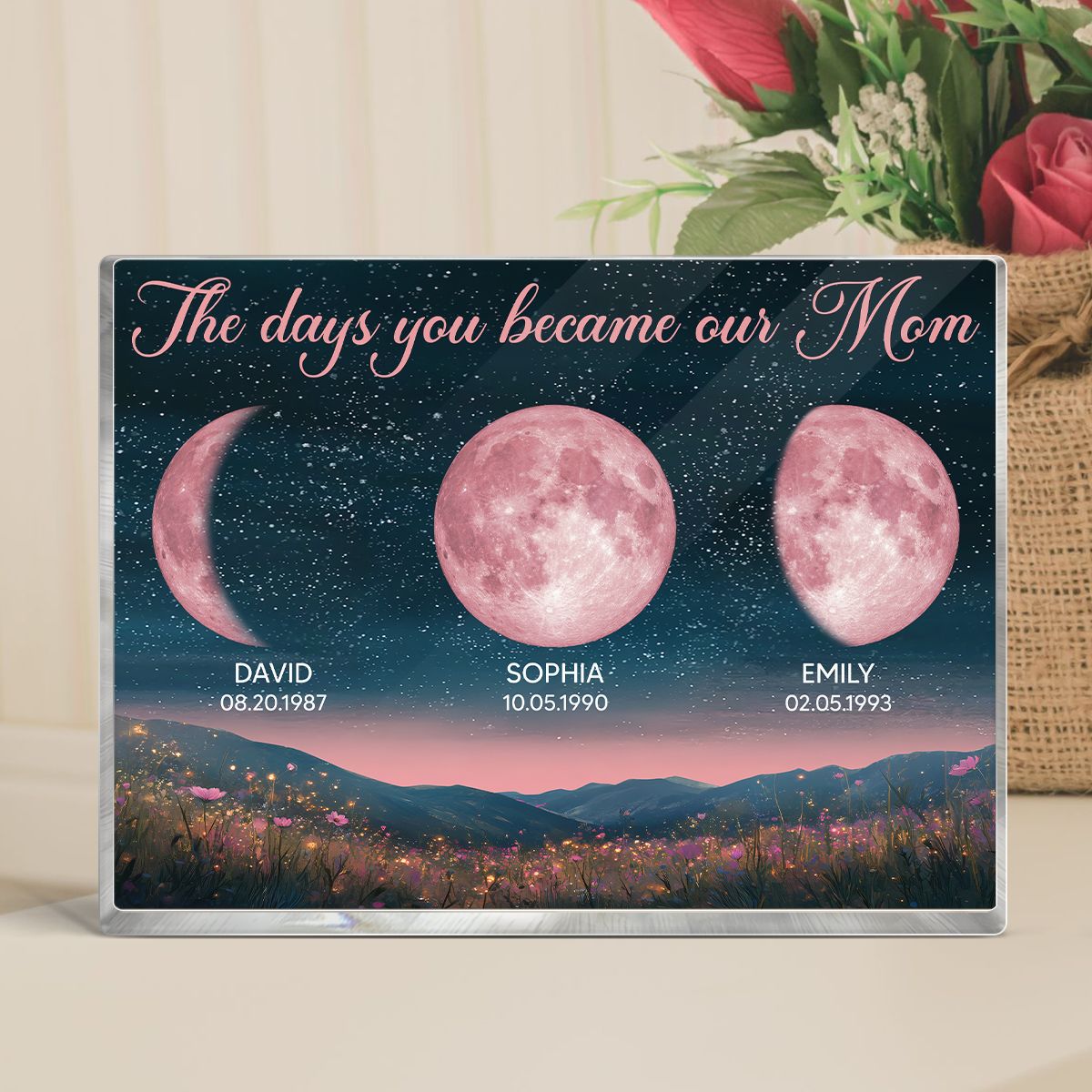Pink Moon Phase Custom Birth Moon Beautiful Hill At Night Personalized Acrylic Block Plaque, Gift For Mom
