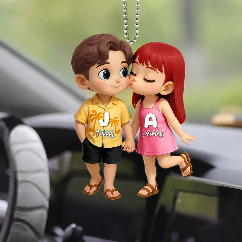 Cute Cartoon Couple Summer Vibe Personalized Acrylic Car Hanger, Gift for him, Gift for her