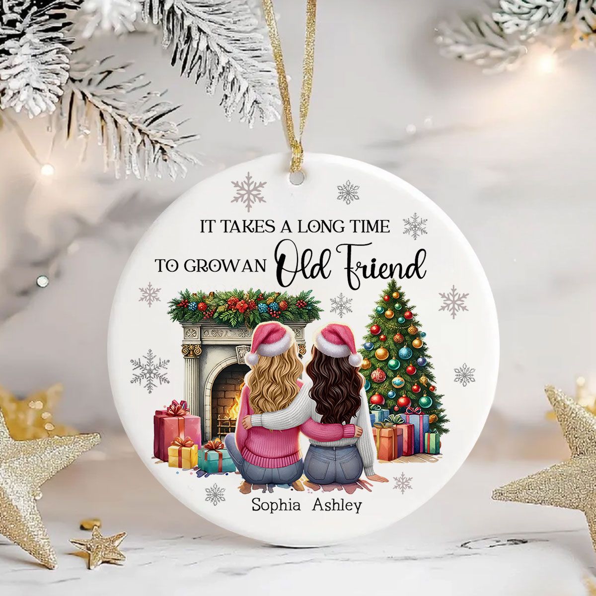 Personalized Best Friends Christmas Ornament – Cozy Holiday Scene by the Fireplace