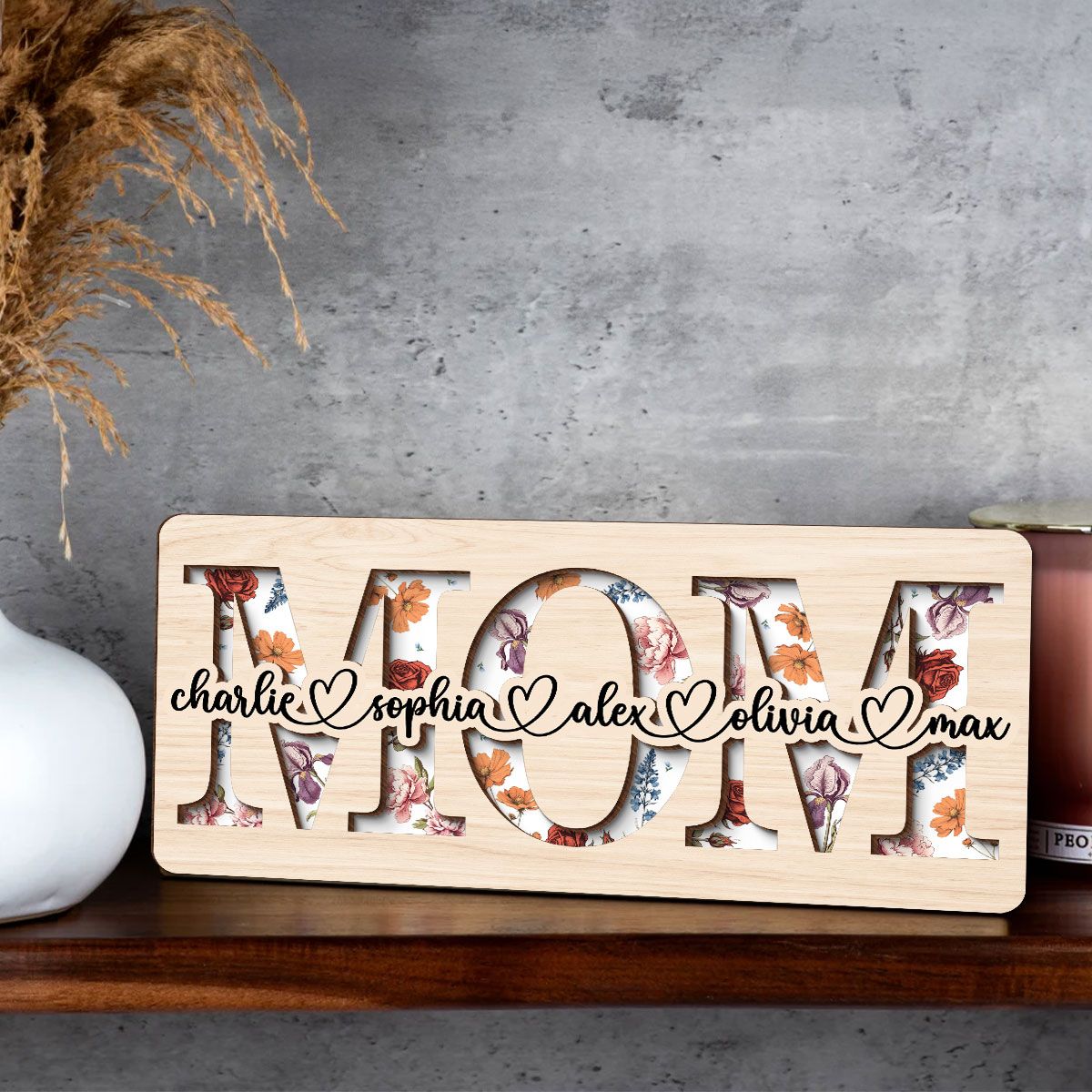 Custom Flower Printed Personalized 2-Layered Wooden Plaque, Mother's Day, Birthday, Just Because Gift for Mom, Grandma