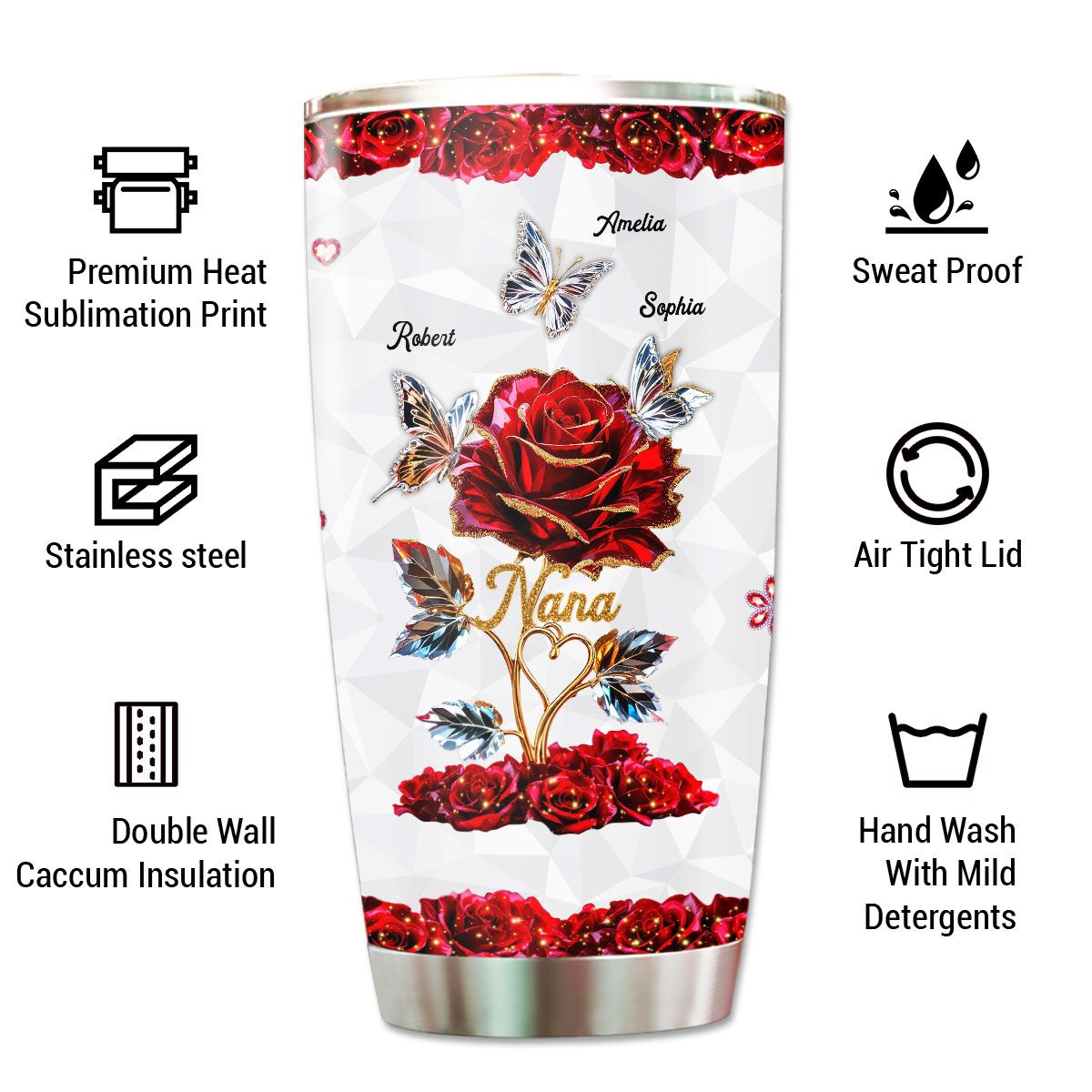 Beautiful Rose & Butterflies Gift For Grandma Mom 3D Effect Personalized Tumbler