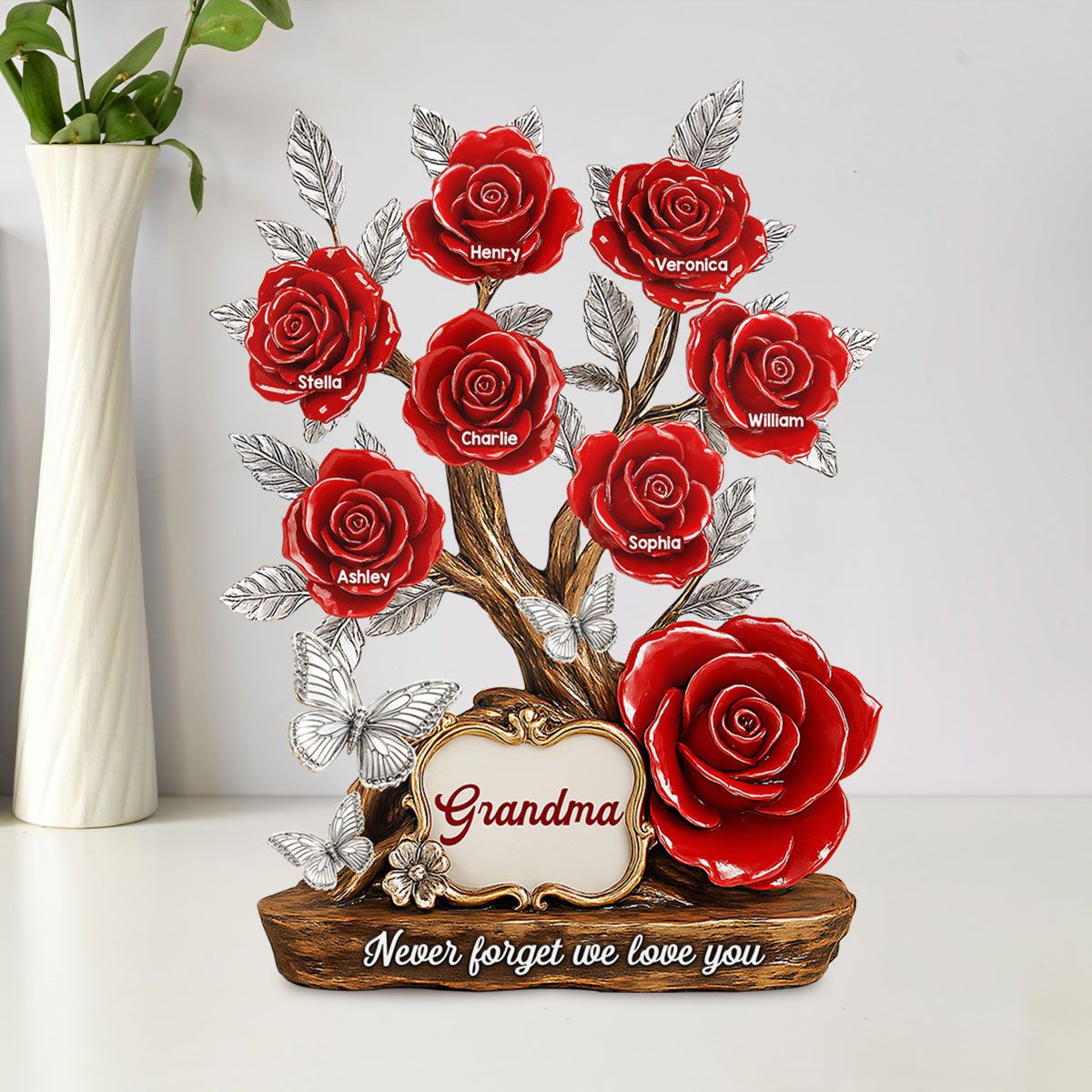 Mom Grandma & Kids Names On Roses Personalized Acrylic Block Plaque