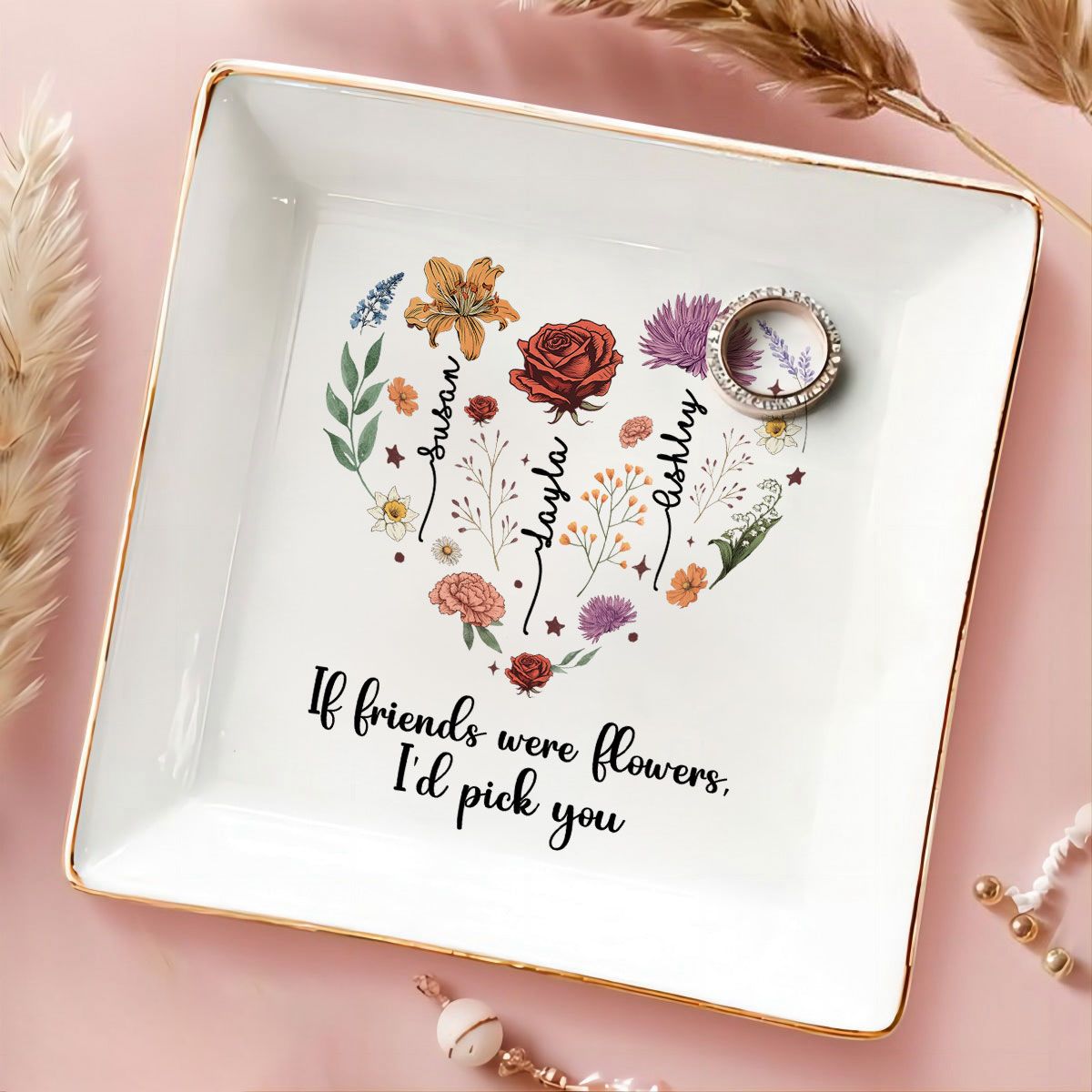 Birth Month Flowers Sisters Besties Friends Heart Personalized Jewelry Dish