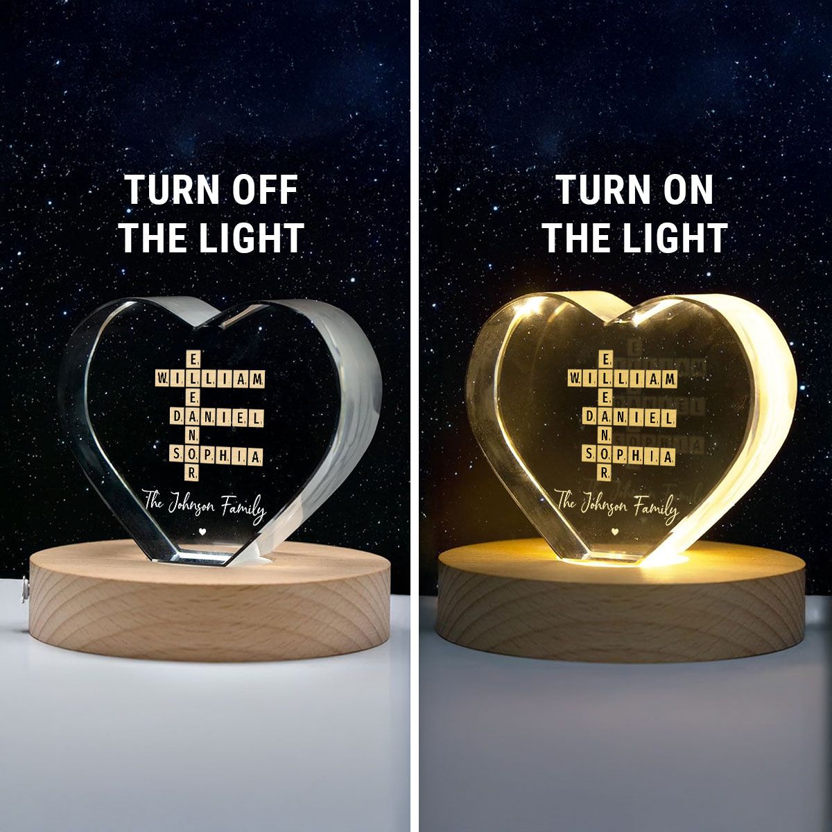 Family Names Crossword Art - Created In A Moment, Treasured Forever Personalized Heart Crystal LED