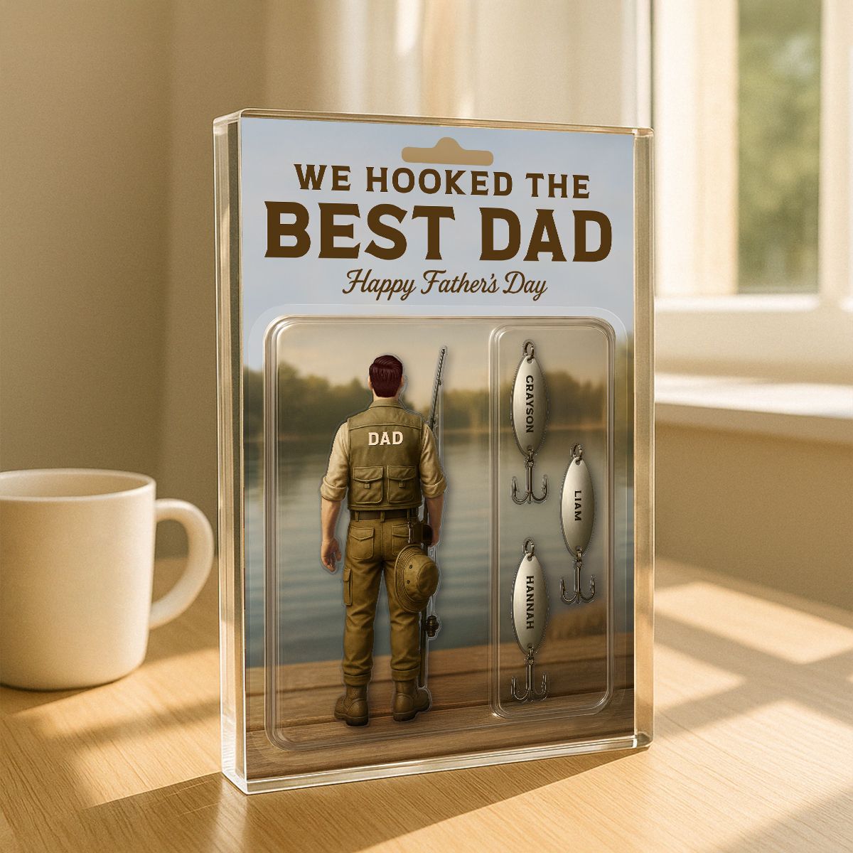 We Hooked The Best Dad Fishing With Kids' Names Custom Figure Personalized Acrylic Block Plaque, Perfect Father's Day Gift For Him, For Dad, Fishing Lover