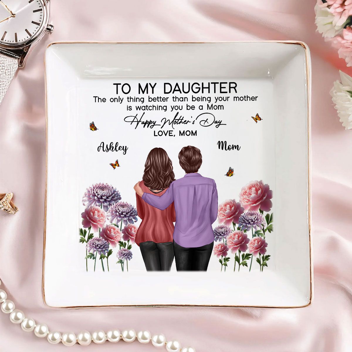 To My Daughter From Mom Happy Mother's Day Birth Flower Personalized Jewelry Dish, Mother's Day Gift For Daughter