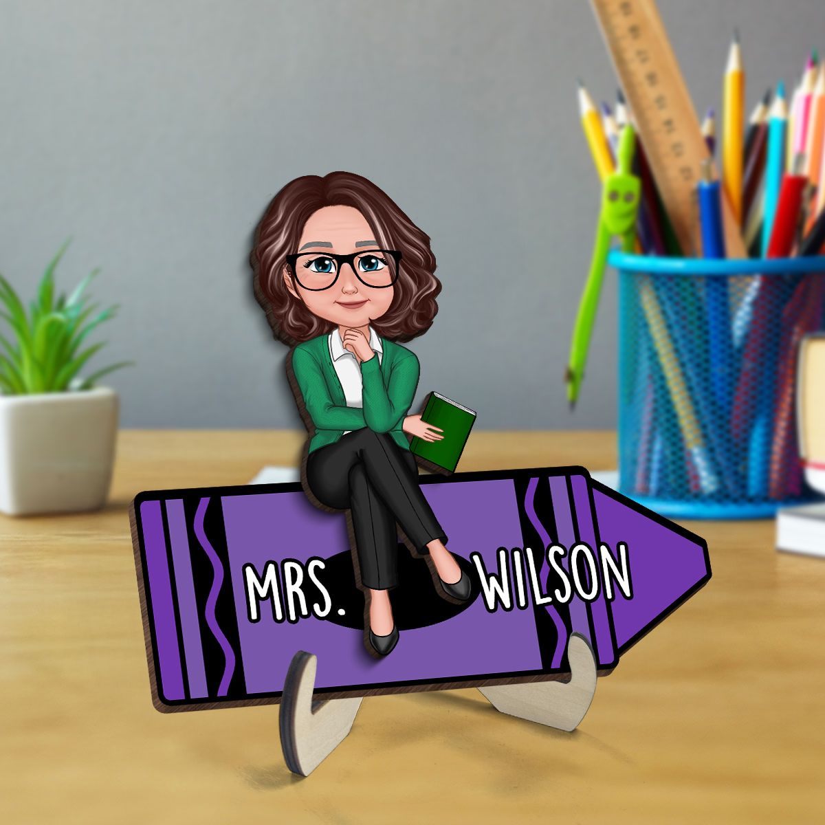 Doll Teacher Sitting On Crayon Personalized 2-Layer Wooden Plaque