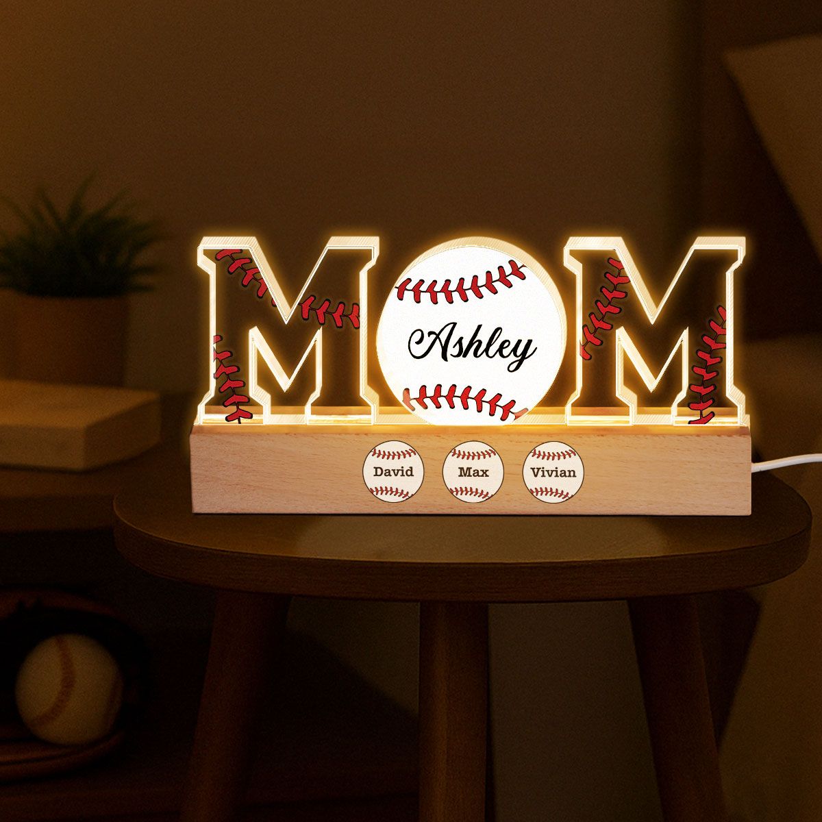 Baseball Softball Mom Kids Names Personalized Acrylic Block LED Night Light