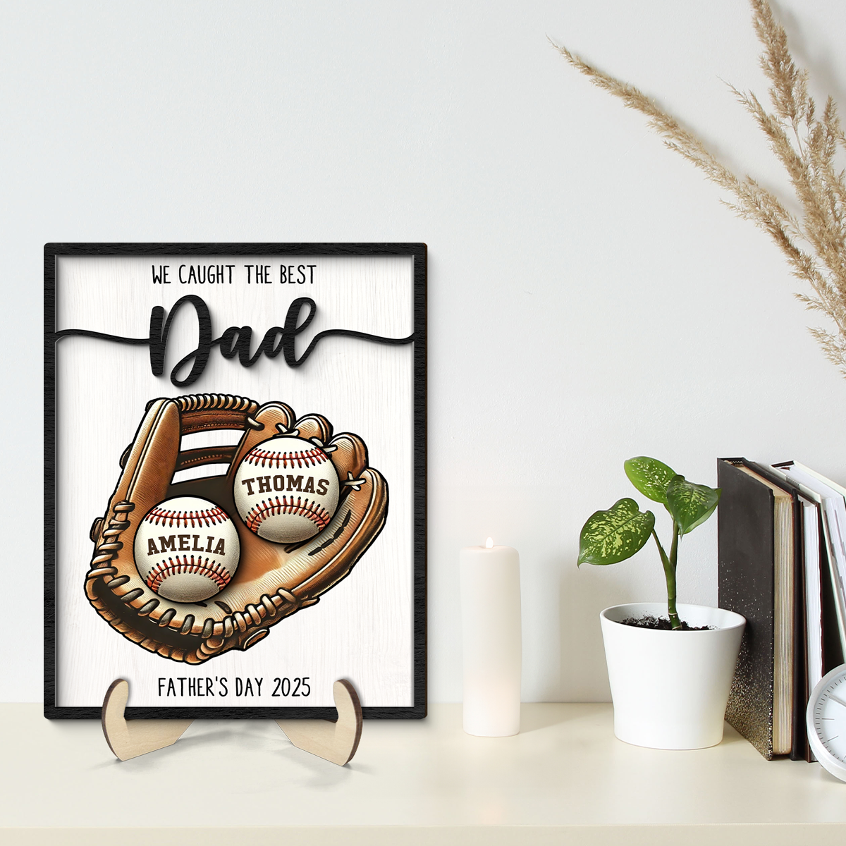 Personalized 2-Layered Wooden Plaque, Father’s Day Gift We Caught The Best Dad Throwing Ball, Custom Kid's Name