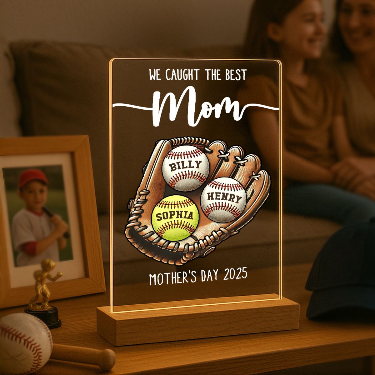 We Caught The Best Mom Baseball, Softball Personalized LED Night Light, Custom Kid's Name, Mother's Day, Gift For Wife, Gift For Mom