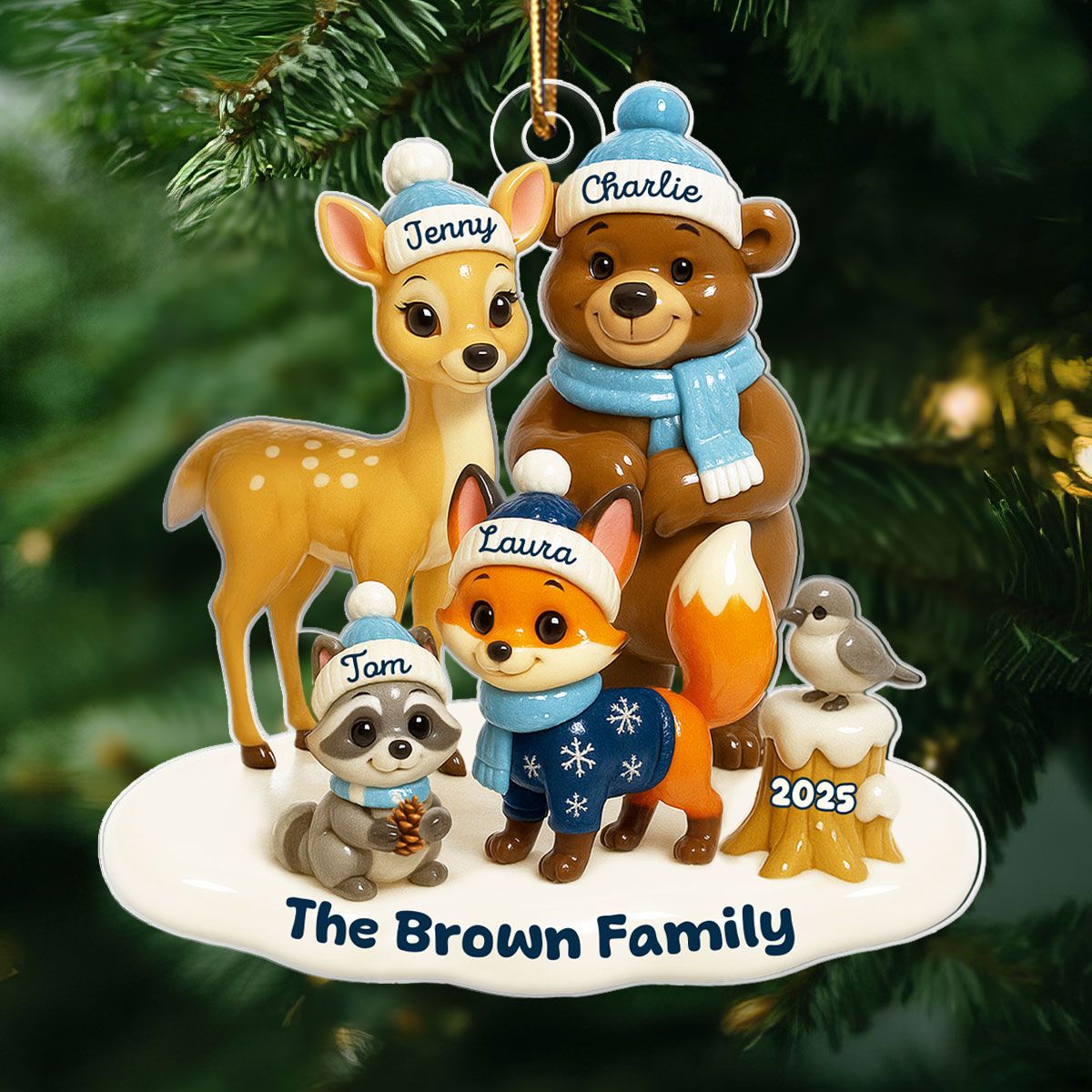 3D Effect Woodland Family Personalized Acrylic Ornament, Christmas Decor