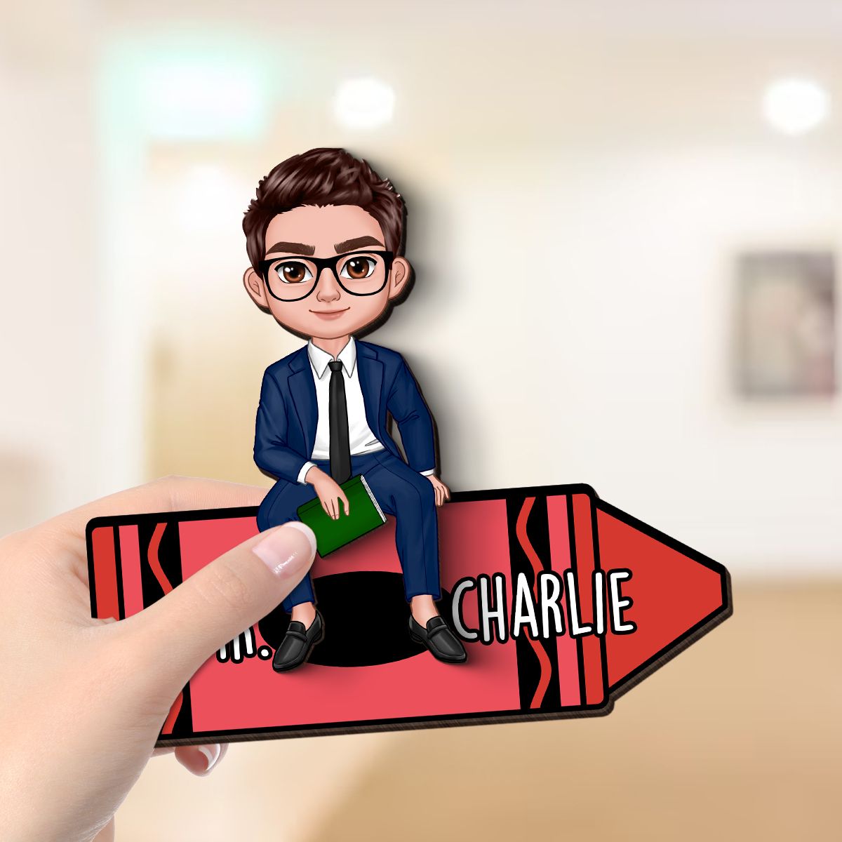 Doll Teacher Sitting On Crayon Personalized 2-Layer Wooden Plaque