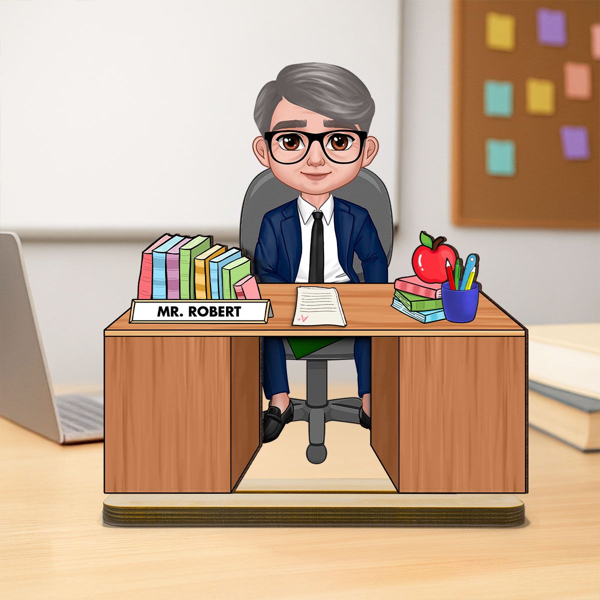 Teacher Sitting At Desk Personalized 2-Layer Standing Wooden Plaque, Back To School Gift