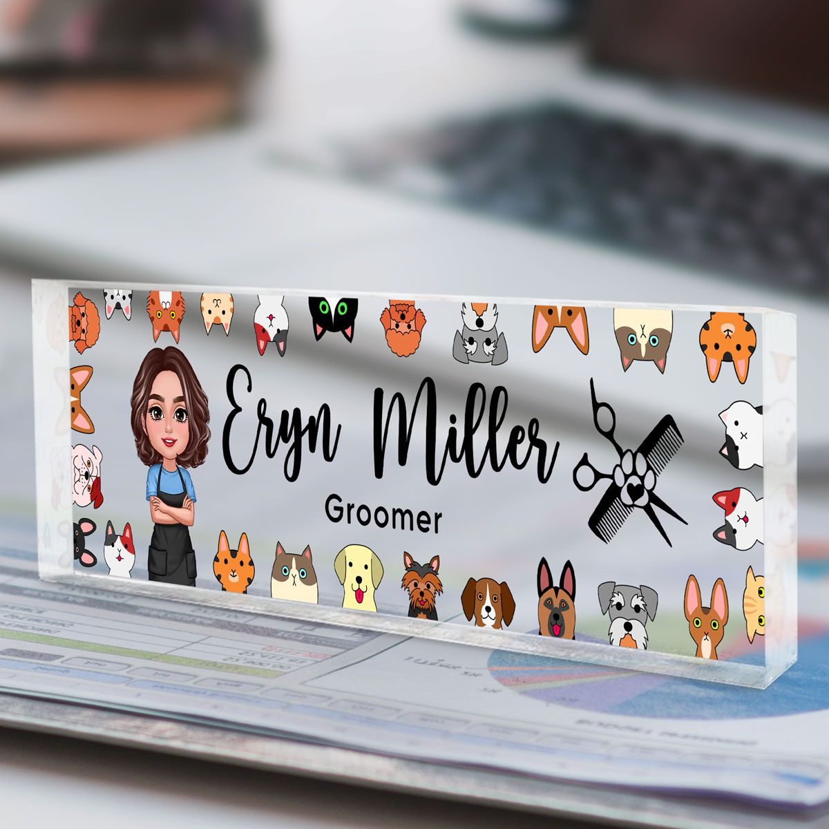 Dog Cat Groomer Personalized Acrylic Desk Name Plate, Office Decor