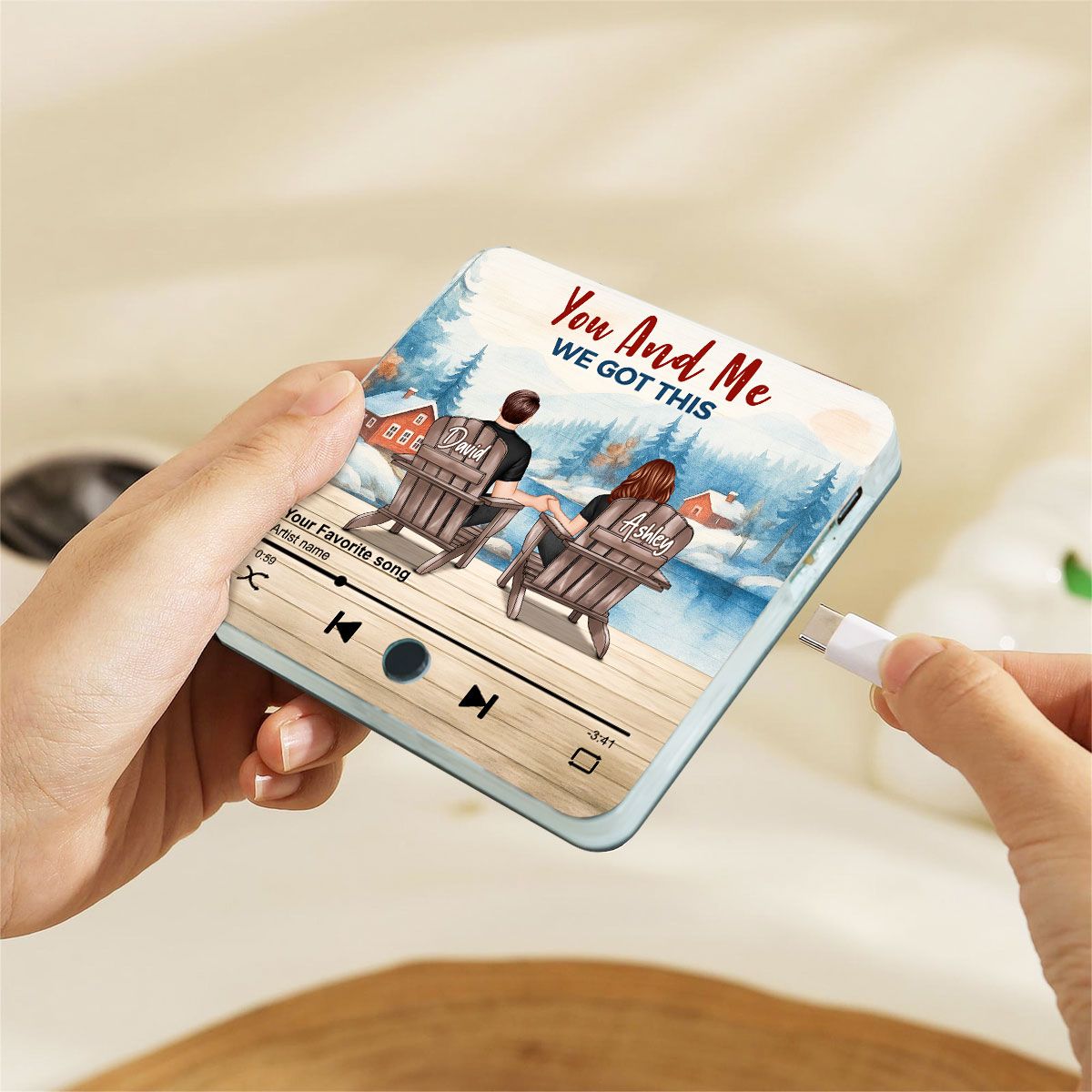 Peaceful Lakeside Forest Scene Couple Sitting Back View Personalized Music Magnet