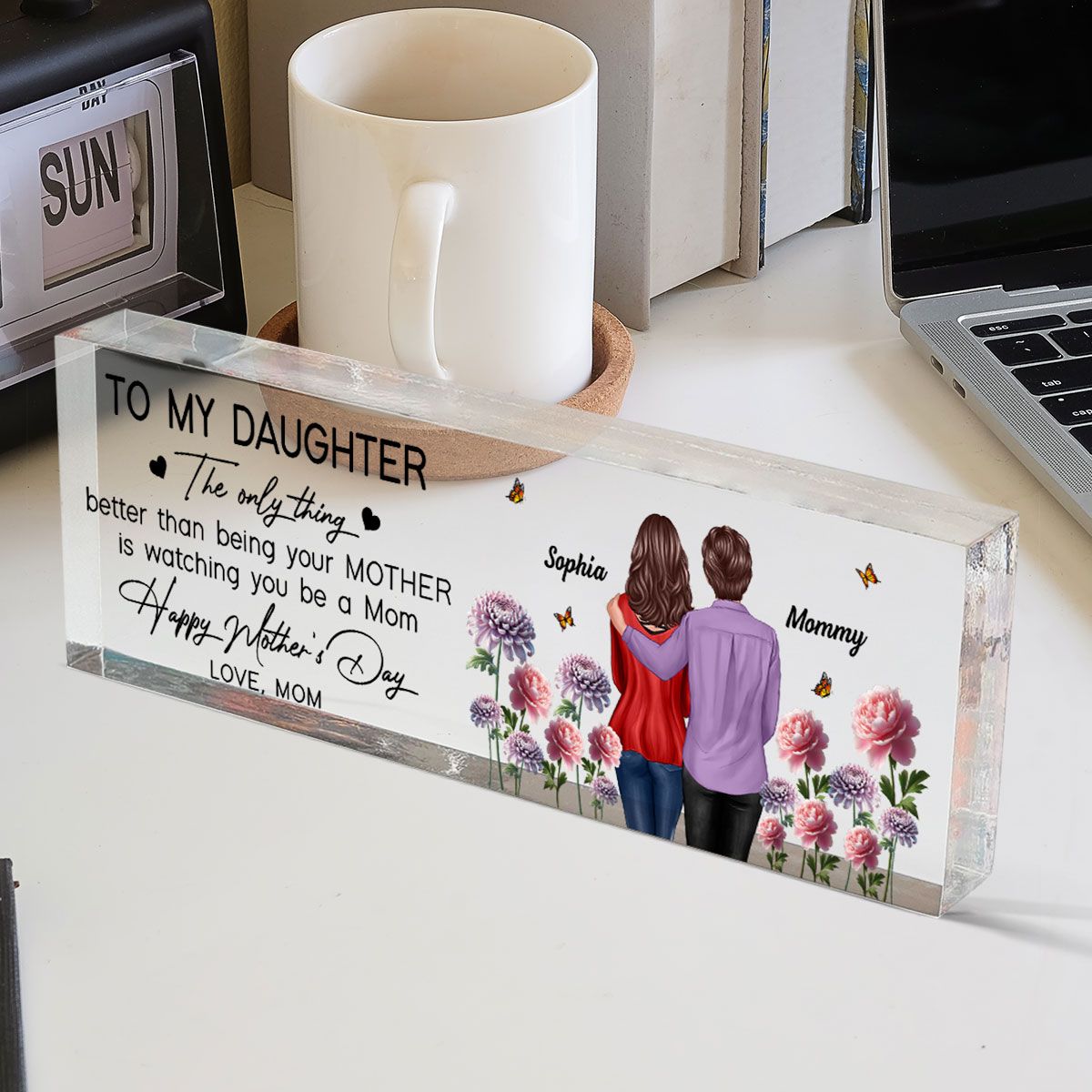 To My Daughter From Mom Happy Mother's Day Birth Flower Personalized Desk Block, Mother's Day Gift For Daughter