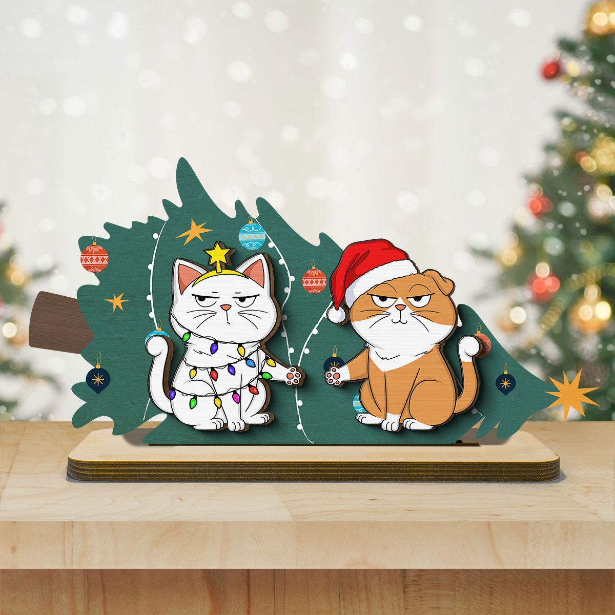 Naughty Cats Fallen Christmas Tree Personalized 2-Layer Standing Wooden Plaque