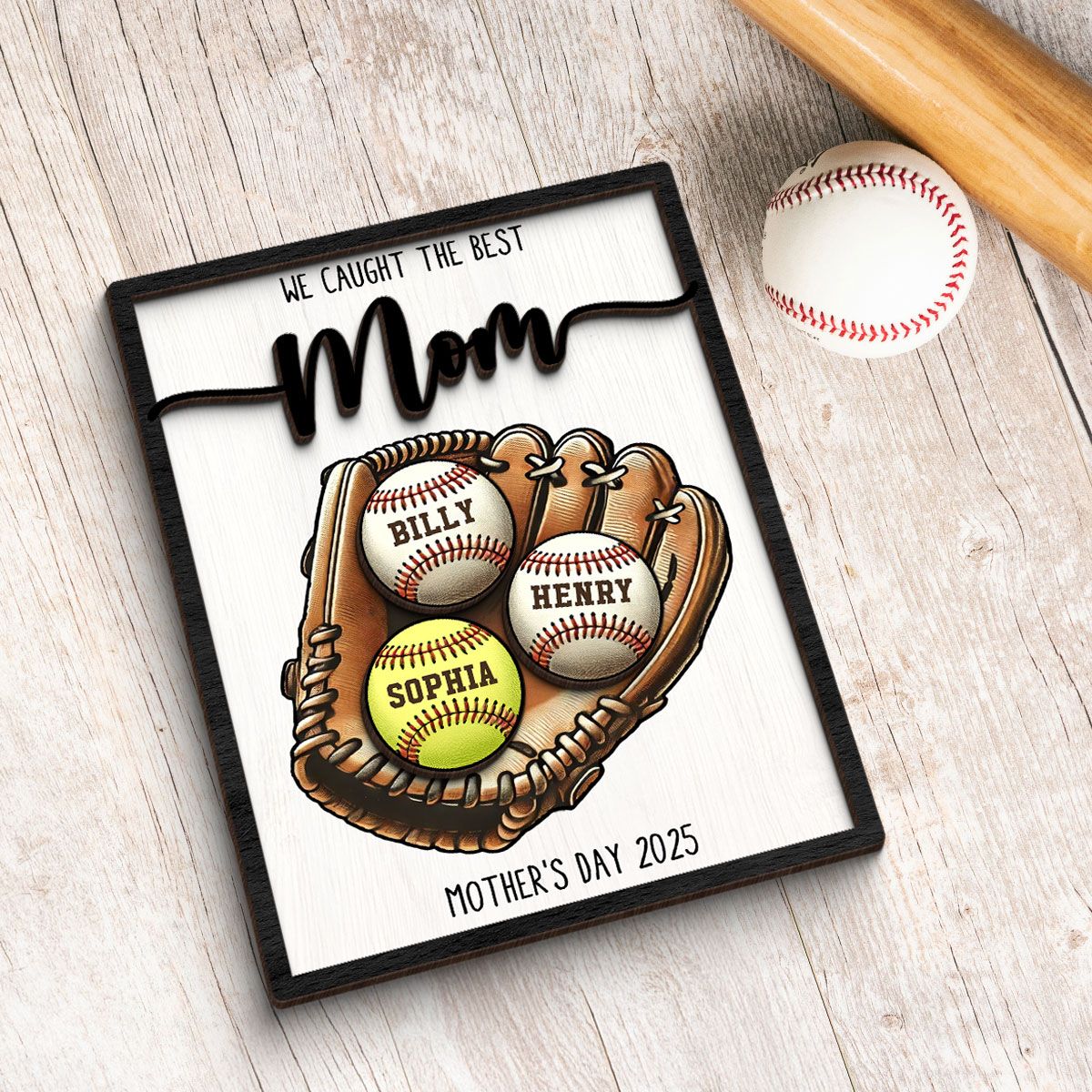 We Caught The Best Mom Baseball, Softball Personalized 2-Layer Wooden Plaque, Custom Kid's Name, Mother’s Day Gift For Mom, Gift For Wife, Gift For Grandma