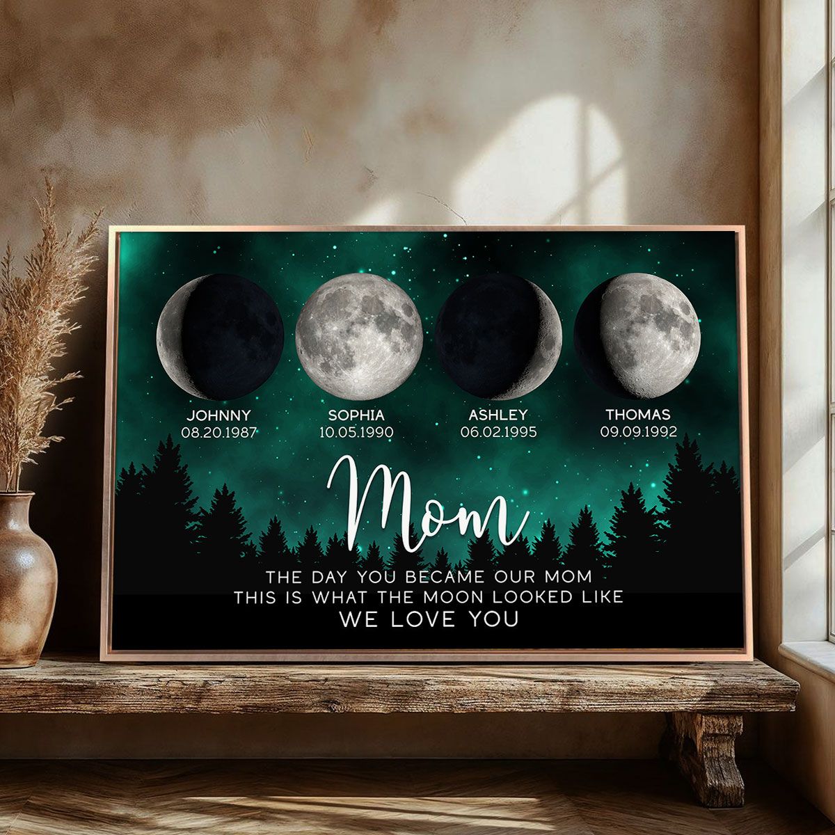 Galaxy Night The Day You Became Mom Custom Birth Moon Phase Personalized Canvas, Heartfelt 2025 Mother's Day Gift