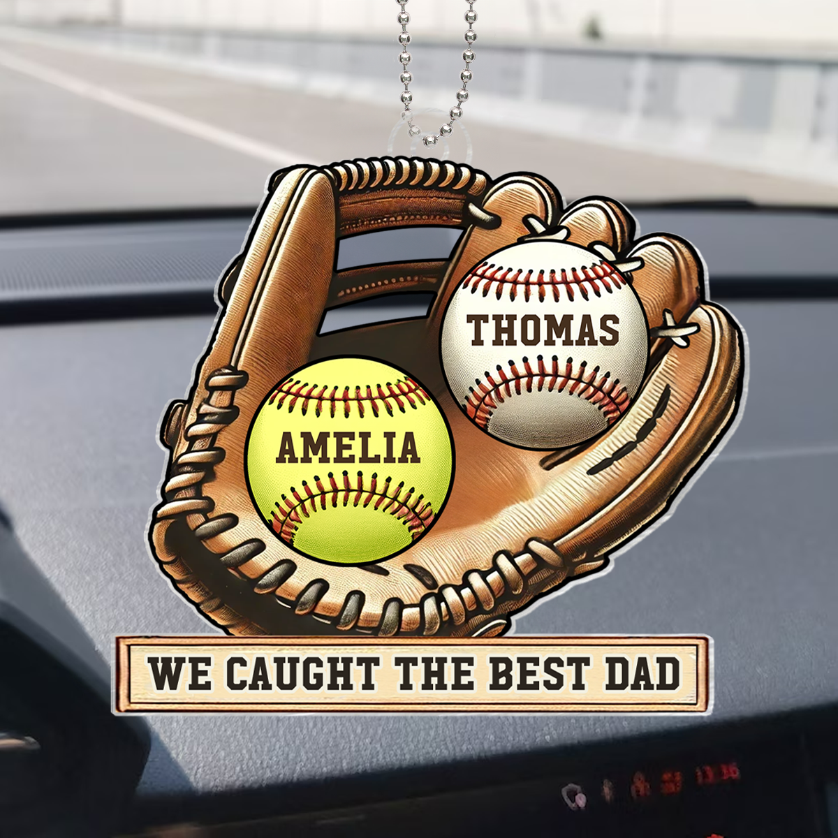 Personalized Acrylic Car Hanger, Father's Day Gift We Caught The Best Dad Baseball, Softball, Custom Kid's Name