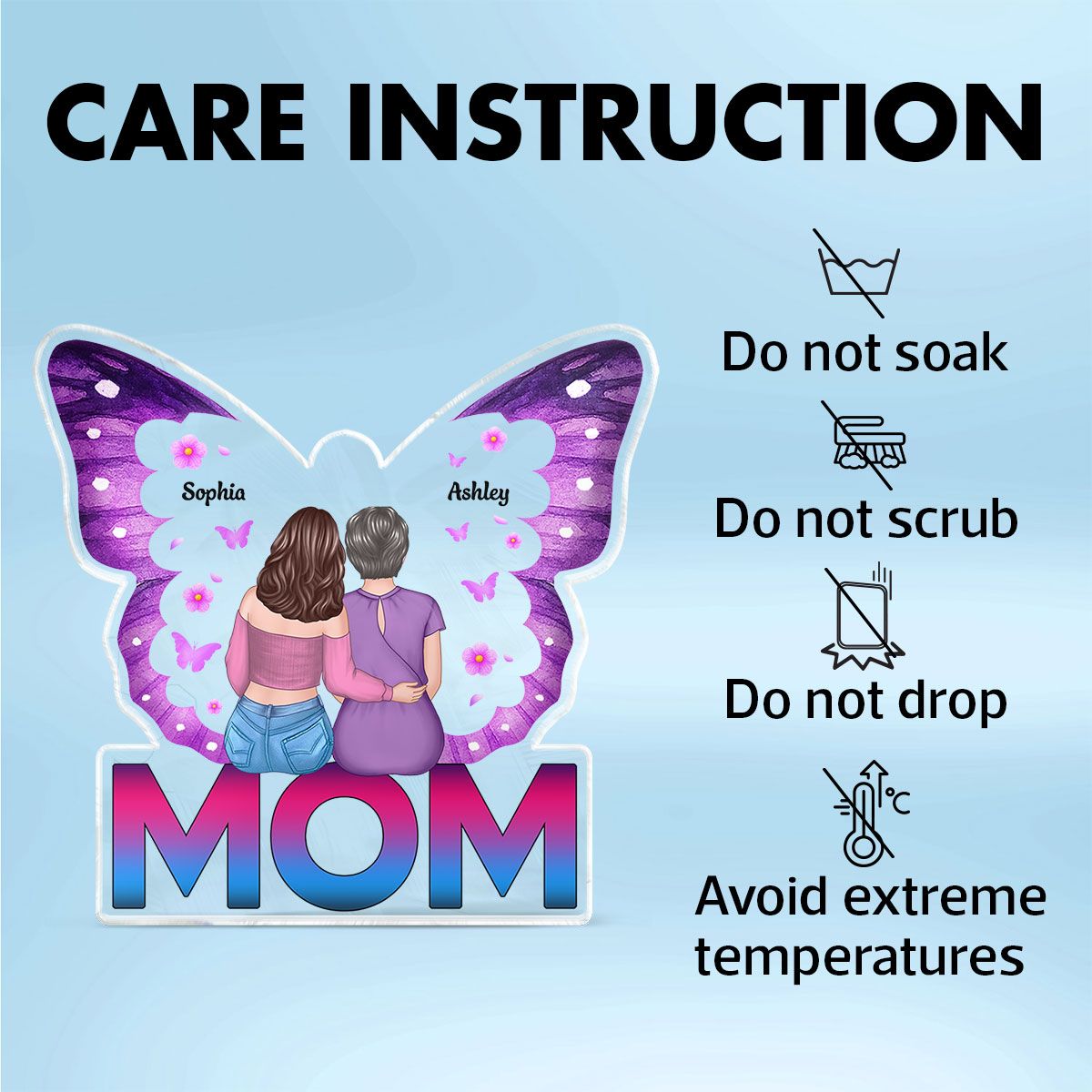 MOM Butterfly Sitting Back View Personalized Acrylic Block, Mother's Day gift